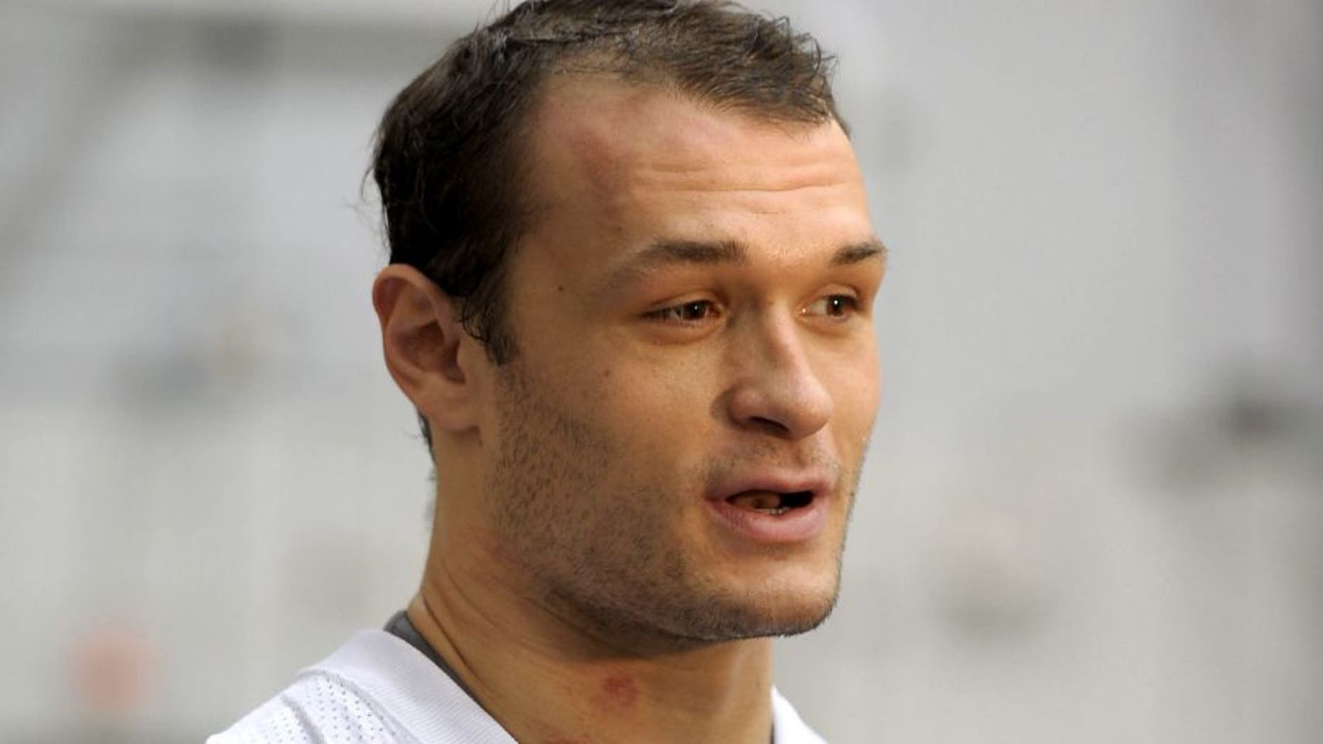 May 12, 2013; Kansas City, MO, USA; Kansas City Chiefs linebacker Mike Catapano (53) speaks to media after the rookie mini camp at the University of Kansas Hospital Training Complex. Mandatory Credit: Denny Medley-USA TODAY Sports
