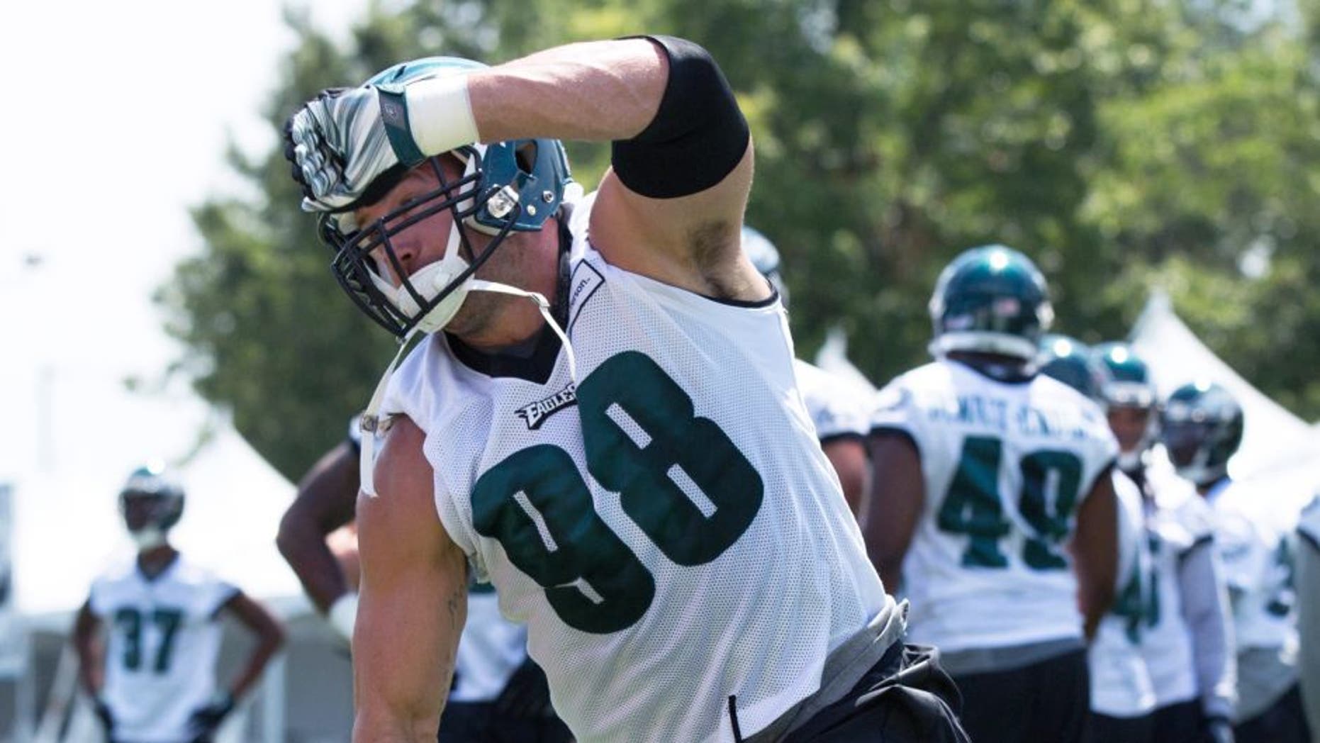 Aug 2, 2015; Philadelphia, PA, USA; Philadelphia Eagles outside linebacker Connor Barwin (98) during training camp at NovaCare Complex. Mandatory Credit: Bill Streicher-USA TODAY Sports