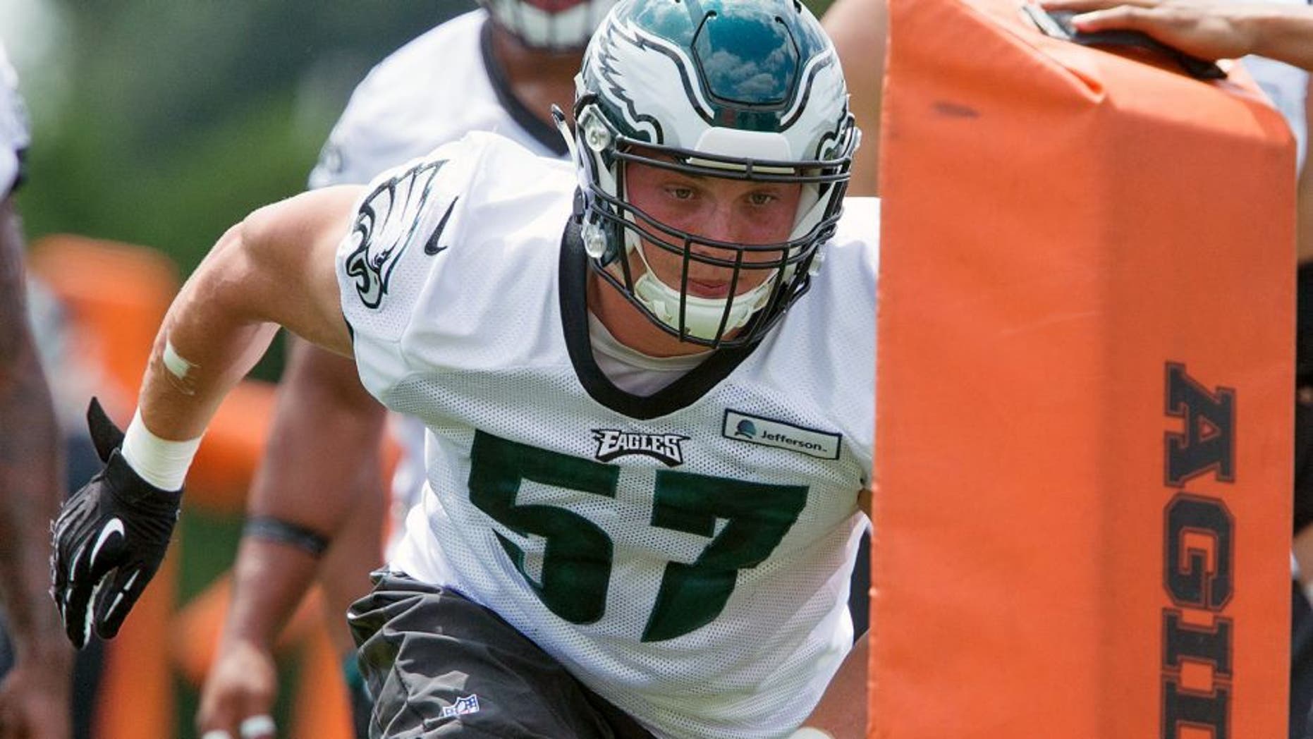 Jun 17, 2015; Philadelphia, PA, USA; Philadelphia Eagles linebacker Travis Long (57) runs drills during minicamp at The NovaCare Complex. Mandatory Credit: Bill Streicher-USA TODAY Sports