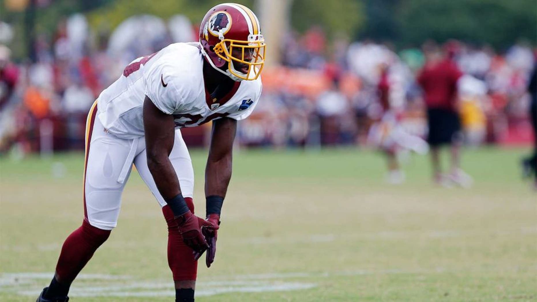 Aug 4, 2014; Richmond, VA, USA; Washington Redskins wide receiver Pierre Garcon (88) lines up at the line of scrimmage during joint practice with the New England Patriots on day ten of training camp at the Bon Secours Washington Redskins Training Center. Mandatory Credit: Geoff Burke-USA TODAY Sports