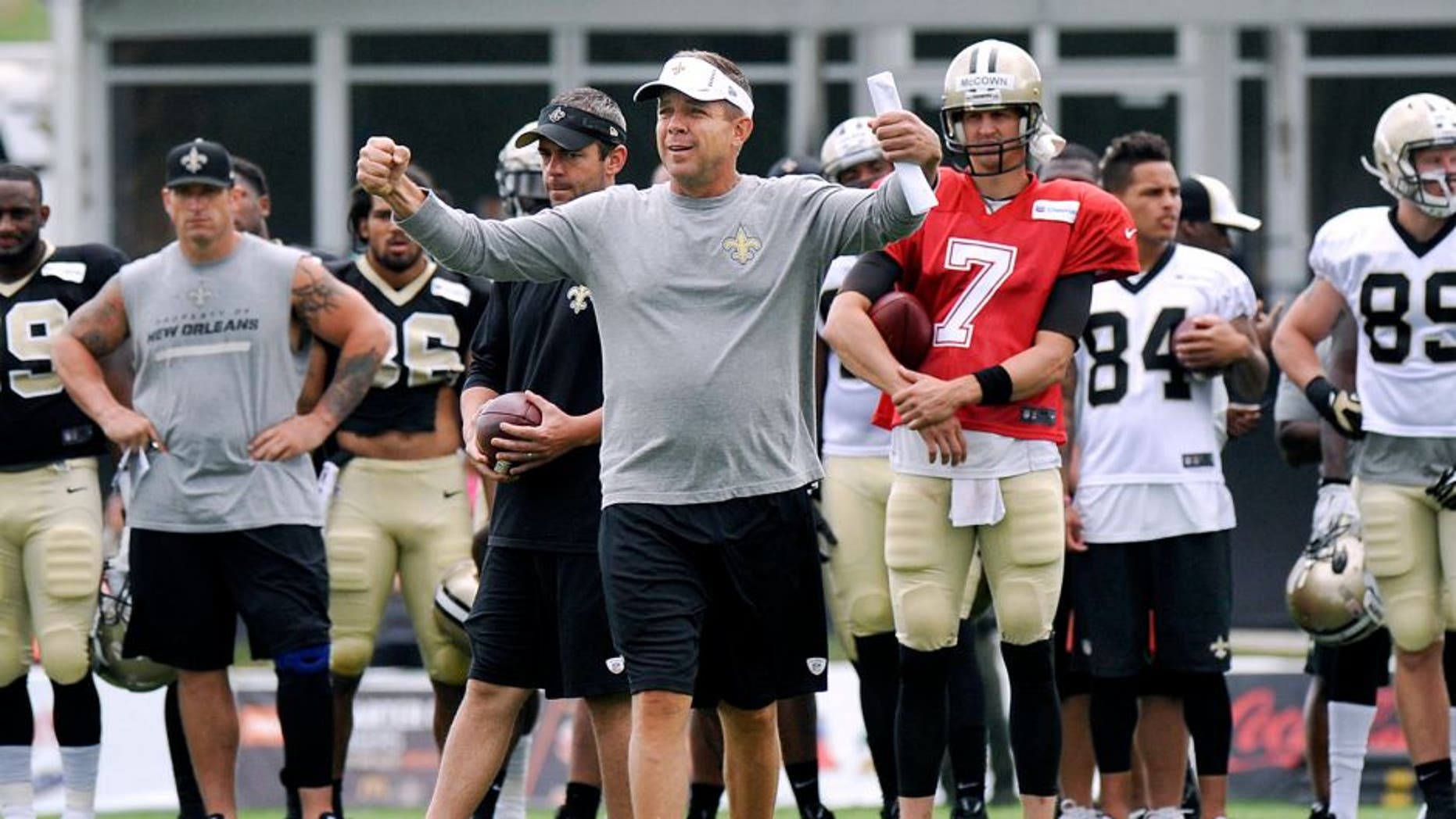 Jul 28, 2014; White Sulpher Springs, WV, USA; New Orleans Saints head coach Sean Payton instructs the team during training camp at The Greenbrier. Mandatory Credit: Michael Shroyer-USA TODAY Sports
