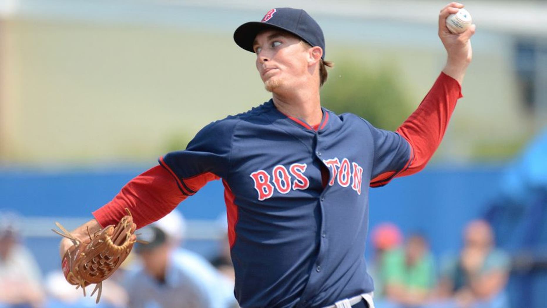 Mar 19, 2015; Dunedin, FL, USA; Boston Red Sox pitcher Henry Owens (76) pitches in the third inning of the spring training game against the Toronto Blue Jays at Florida Auto Exchange Park. Mandatory Credit: Jonathan Dyer-USA TODAY Sports
