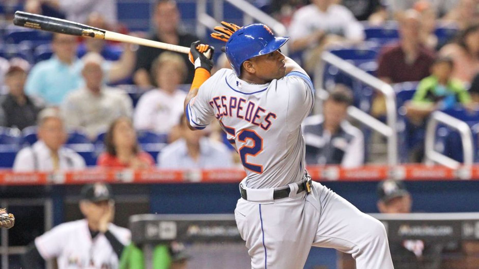 New York Mets' Yoenis Cespedes bats during the third inning on Monday, Aug. 3, 2015, at Marlins Park in Miami. (Hector Gabino/El Nuevo Herald/TNS via Getty Images)