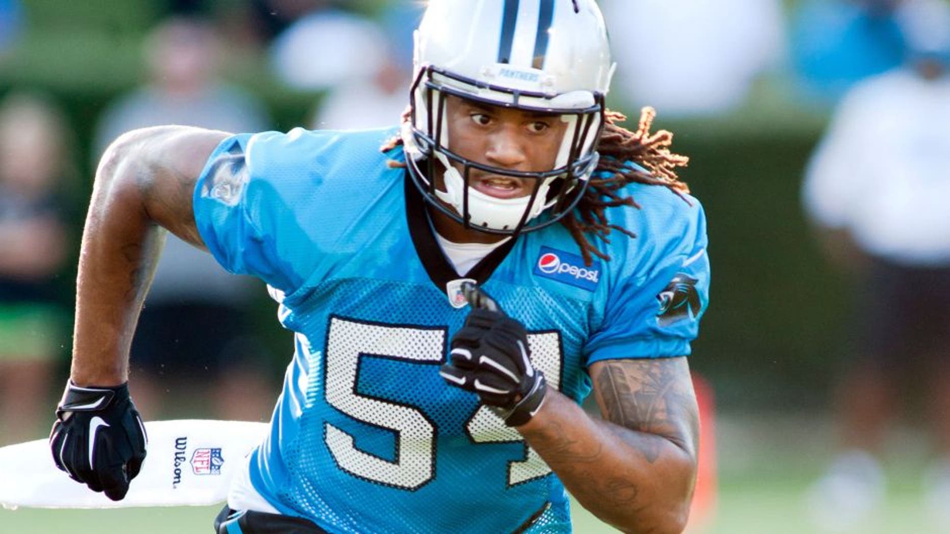 Jul 31, 2015; Spartanburg, SC, USA; Carolina Panthers outside linebacker Shaq Thompson (54) runs drills during training camp held at Wofford College. Mandatory Credit: Jeremy Brevard-USA TODAY Sports