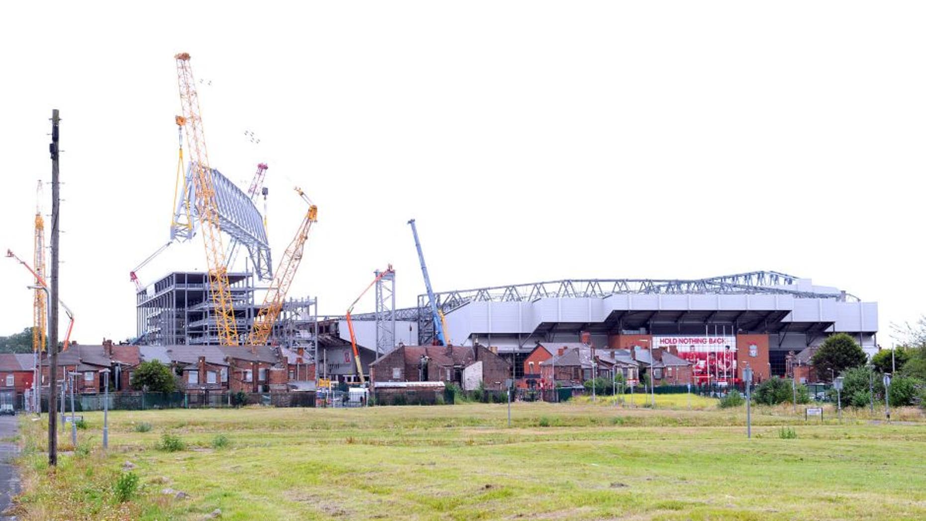 LIVERPOOL, ENGLAND - JULY 24: The Main Stand roof truss is attached to the stand at Anfield on July 24, 2015 in Liverpool, England. (Photo by John Powell/Liverpool FC via Getty Images)