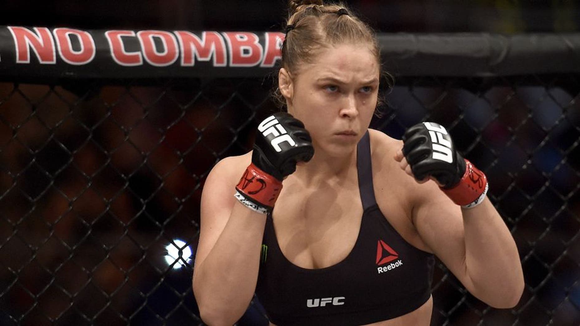 RIO DE JANEIRO, BRAZIL - AUGUST 01: Ronda Rousey of the United States looks on prior to her bantamweight title fight Bethe Correia of Brazil during the UFC 190 Rousey v Correia at HSBC Arena on August 1, 2015 in Rio de Janeiro, Brazil. (Photo by Buda Mendes/Zuffa LLC/Zuffa LLC via Getty Images)