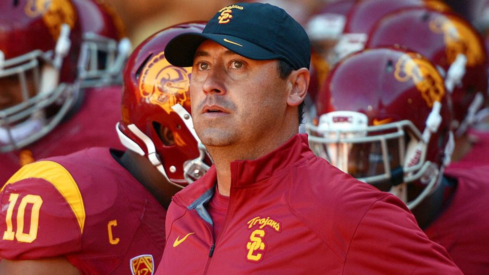 Aug 30, 2014; Los Angeles, CA, USA; Southern California Trojans coach Steve Sarkisian before the game against the Fresno State Bulldogs at Los Angeles Memorial Coliseum. Mandatory Credit: Kirby Lee-USA TODAY Sports