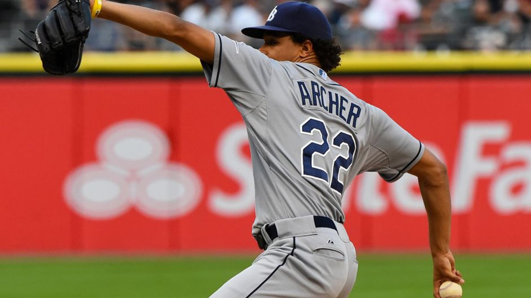 Aug 4, 2015; Chicago, IL, USA; Tampa Bay Rays starting pitcher Chris Archer (22) throws a pitch against the Chicago White Sox during the first inning at U.S Cellular Field. Mandatory Credit: Mike DiNovo-USA TODAY Sports