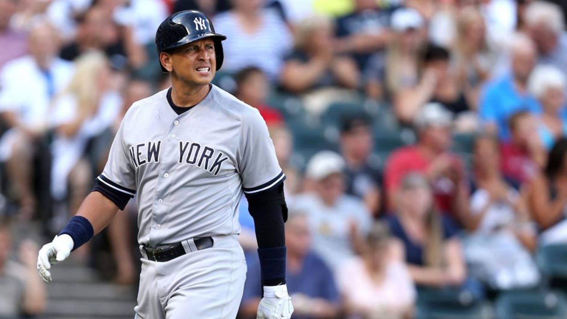 New York Yankees designated hitter Alex Rodriguez walks back to the dugout after striking out to end the first inning against the Chicago White Sox at U.S. Cellular Field in Chicago on Saturday, Aug. 1, 2015. (Chris Sweda/Chicago Tribune/TNS via Getty Images)