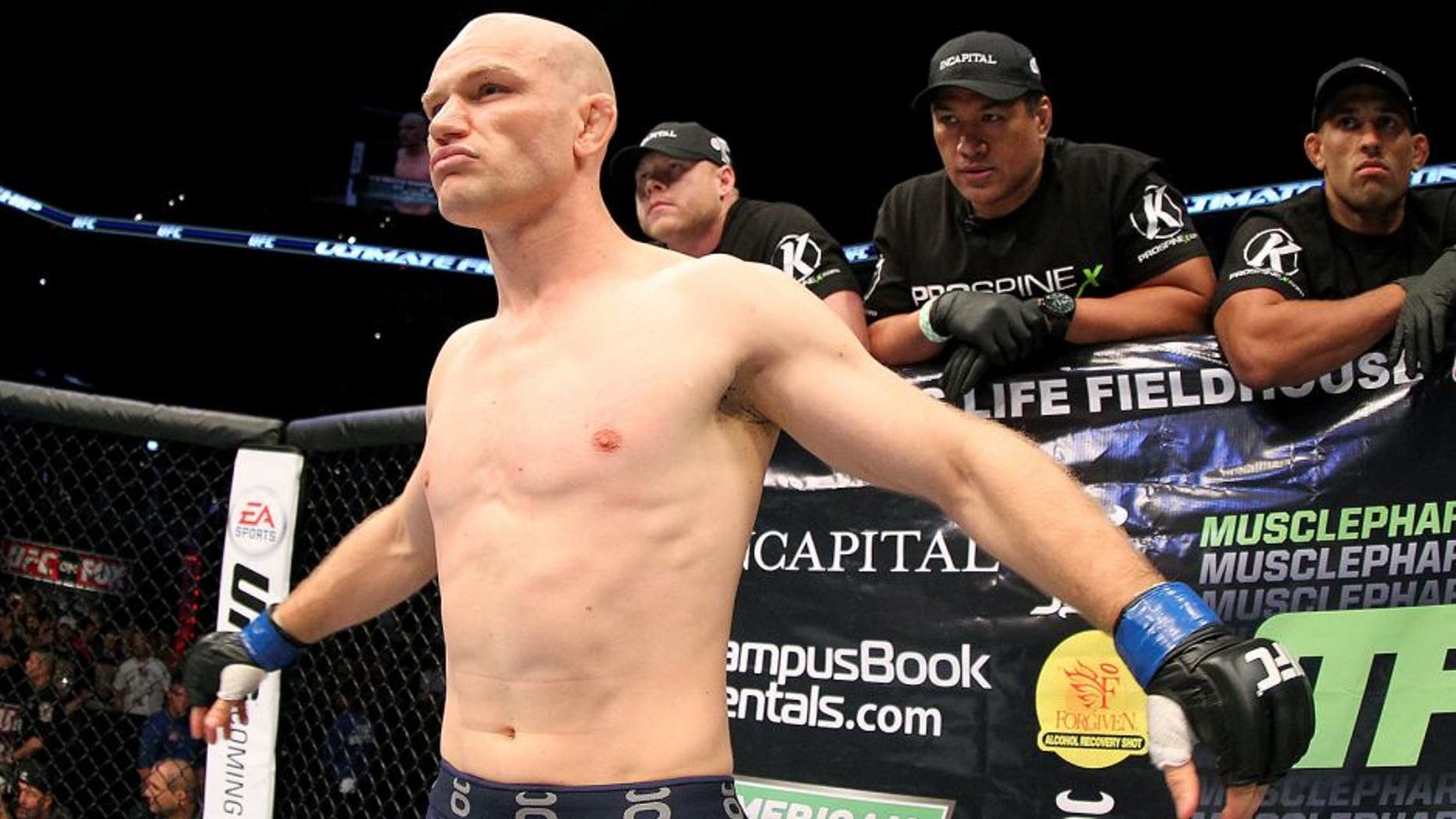 INDIANAPOLIS, IN - AUGUST 28: Martin Kampmann stands in the Octagon before his welterweight fight against Carlos Condit during the UFC on FOX Sports 1 event at Bankers Life Fieldhouse on August 28, 2013 in Indianapolis, Indiana. (Photo by Ed Mulholland/Zuffa LLC/Zuffa LLC via Getty Images)