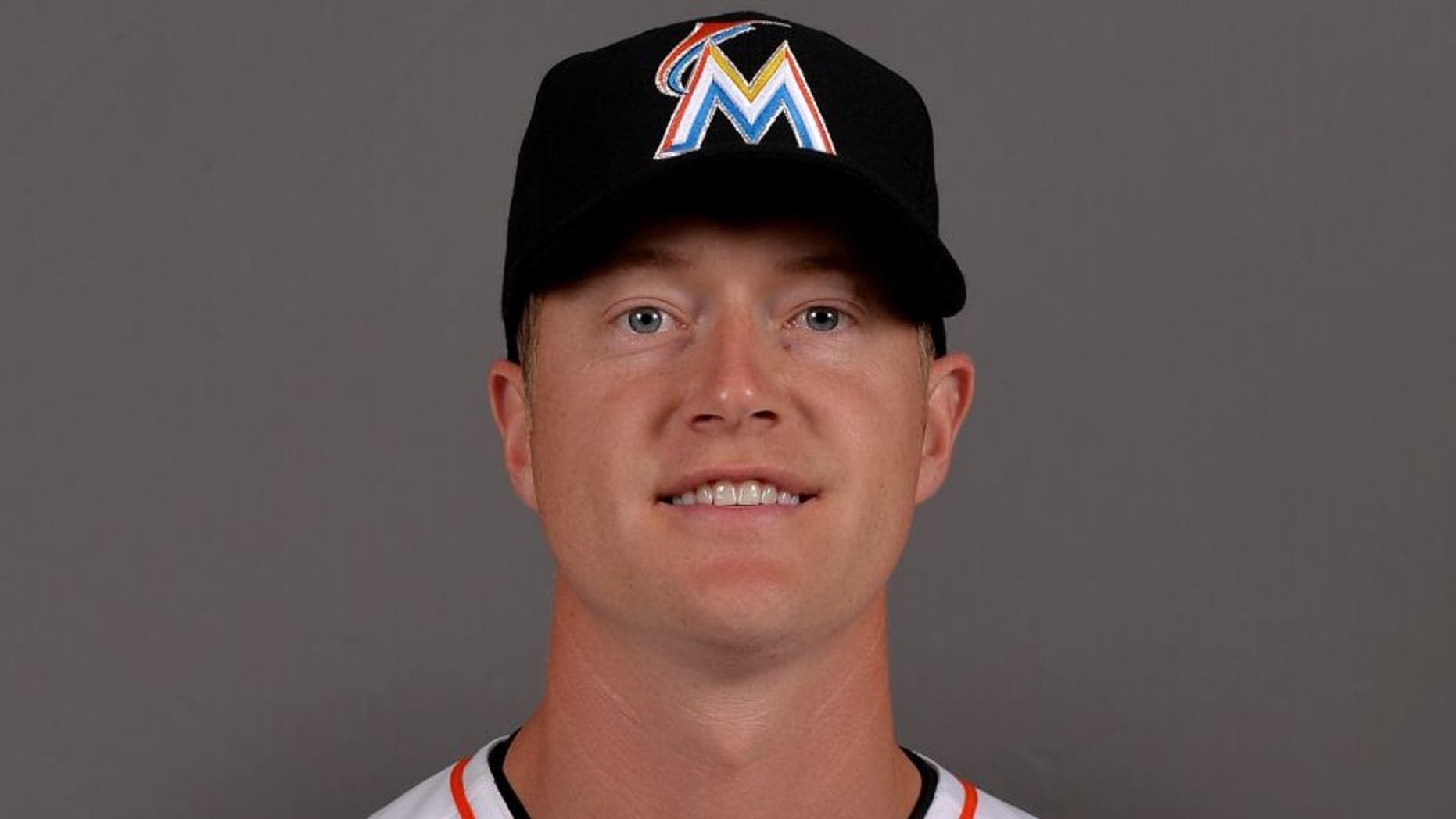 Feb 25, 2015; Jupiter, FL, USA; Miami Marlins pitcher Chris Narveson (45) poses during photo day at Roger Dean Stadium. Mandatory Credit: Steve Mitchell-USA TODAY Sports