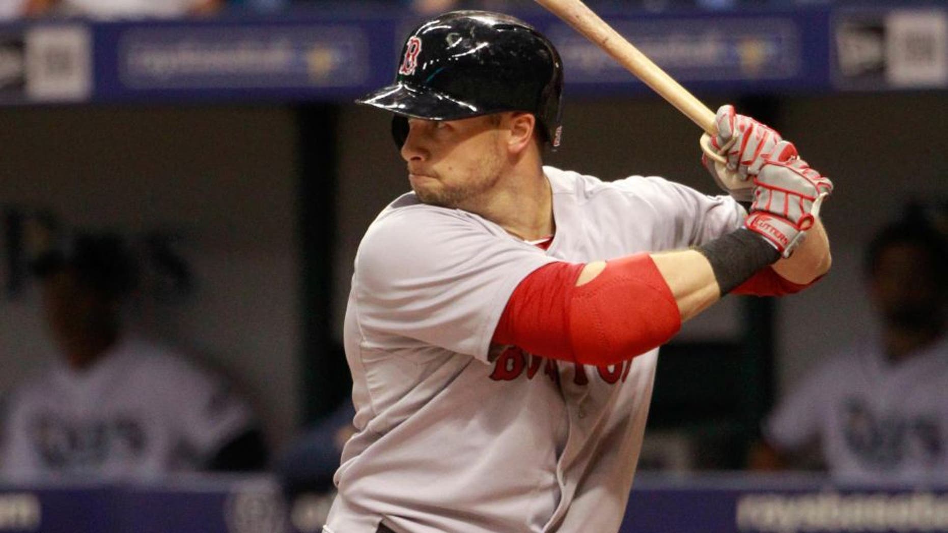 Apr 21, 2015; St. Petersburg, FL, USA; Boston Red Sox right fielder Daniel Nava (29) at bat against the Tampa Bay Rays at Tropicana Field. Mandatory Credit: Kim Klement-USA TODAY Sports