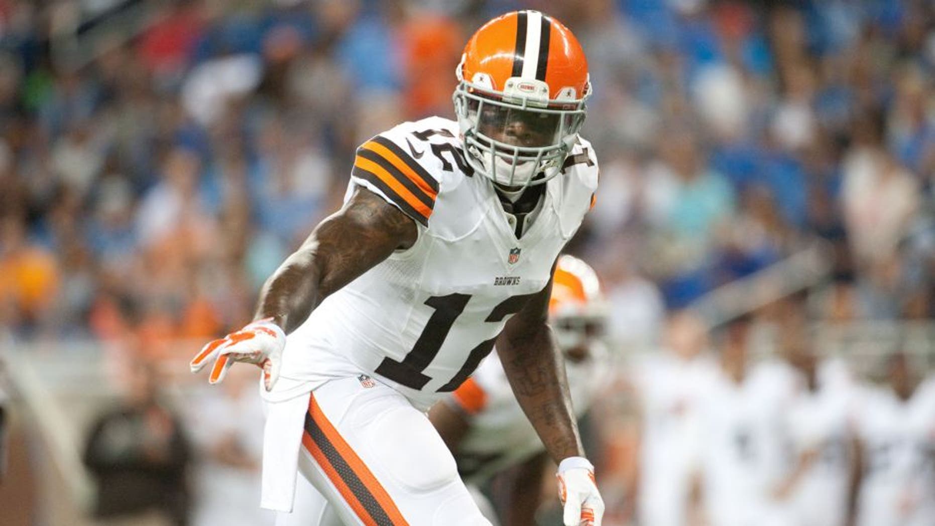 Aug 9, 2014; Detroit, MI, USA; Cleveland Browns wide receiver Josh Gordon (12) during the first quarter against the Detroit Lions at Ford Field. Mandatory Credit: Tim Fuller-USA TODAY Sports