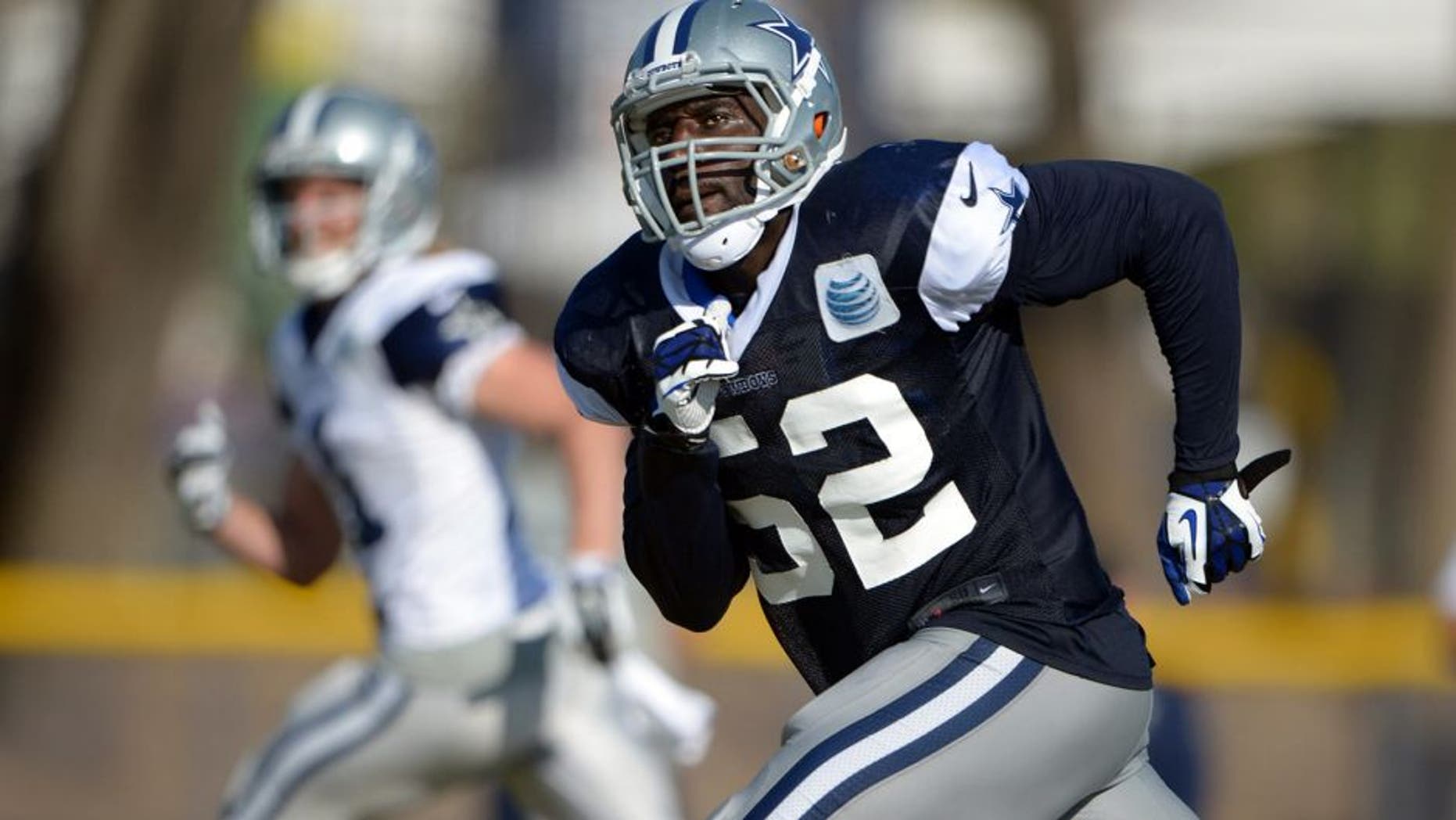 Jul 31, 2014; Oxnard, CA, USA; Dallas Cowboys linebacker Justin Durant (52) at training camp at the River Ridge Fields. Mandatory Credit: Kirby Lee-USA TODAY Sports