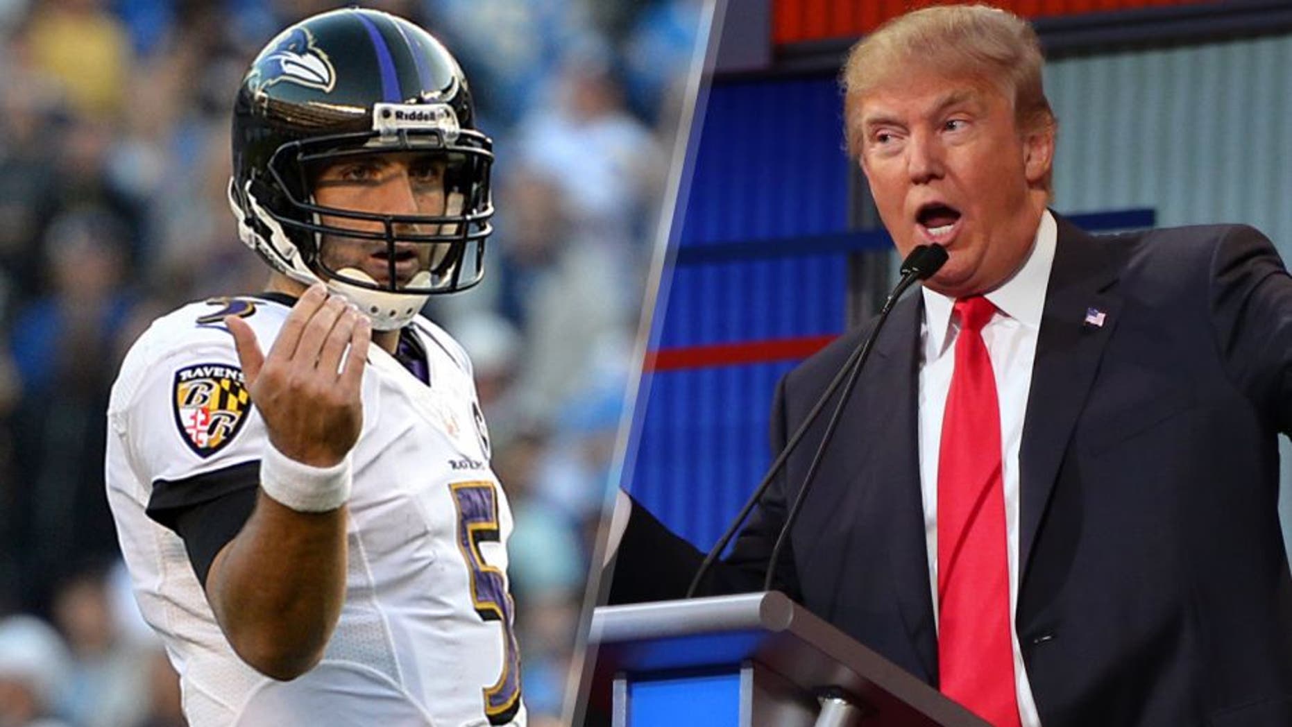 Nov 25, 2012; San Diego, CA, USA; Baltimore Ravens quarterback Joe Flacco (5) motions to wide receiver Torrey Smith (82) during the fourth quarter against the San Diego Chargers at Qualcomm Stadium. Mandatory Credit: Jake Roth-USA TODAY Sports Republican presidential candidate Donald Trump answers a question during the first Republican presidential debate at the Quicken Loans Arena Thursday, Aug. 6, 2015, in Cleveland. (AP Photo/Andrew Harnik)