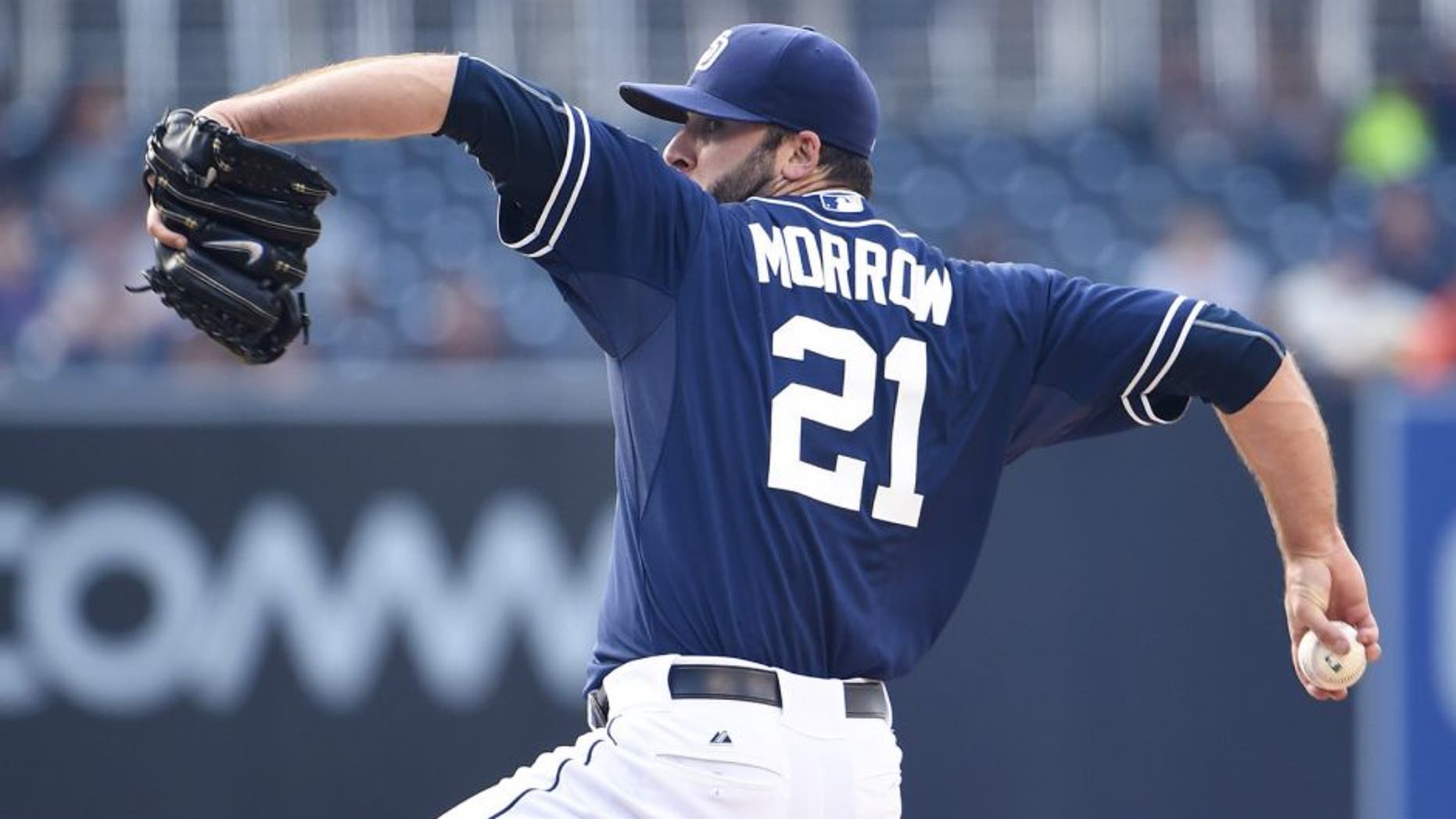 SAN DIEGO, CA - MAY 2: Brandon Morrow #21 of the San Diego Padres pitches during the first inning of a baseball game against the Colorado Rockies at Petco Park May 2, 2015 in San Diego, California. (Photo by Denis Poroy/Getty Images)