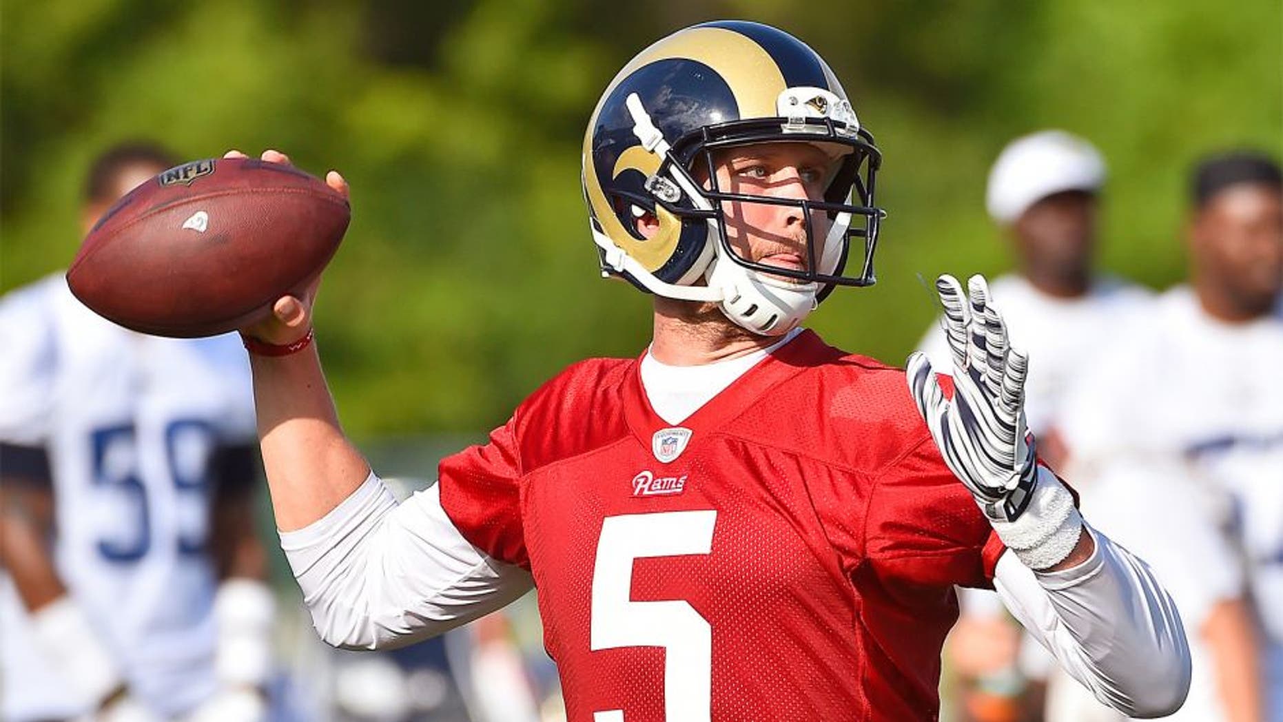 Aug 1, 2015; Earth City, MO, USA; St. Louis Rams quarterback Nick Foles (5) at Rams Park. Mandatory Credit: Jasen Vinlove-USA TODAY Sports