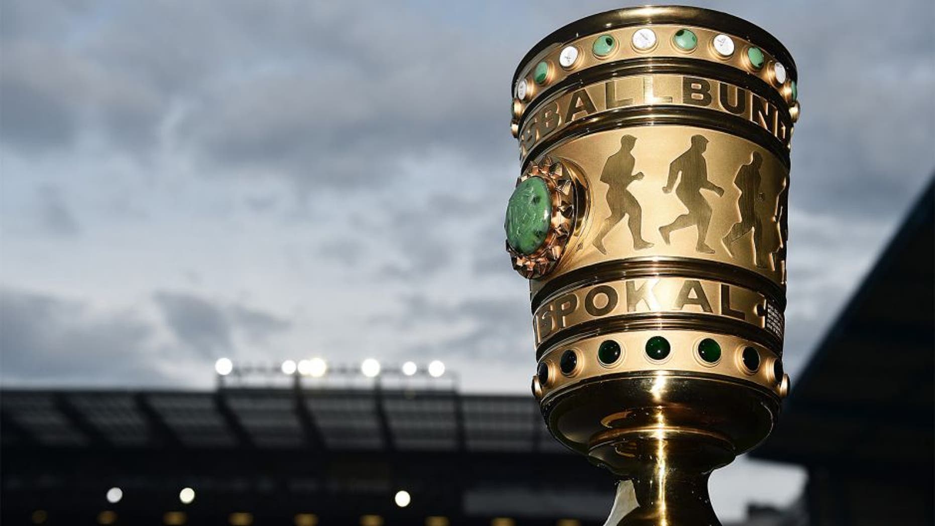 BIELEFELD, GERMANY - APRIL 29: The DFB Cup trophy seen prior to the DFB Cup Semi Final match between Arminia Bielefeld and VfL Wolfsburg at Schueco Arena on April 29, 2015 in Bielefeld, Germany. (Photo by Stuart Franklin/Bongarts/Getty Images)