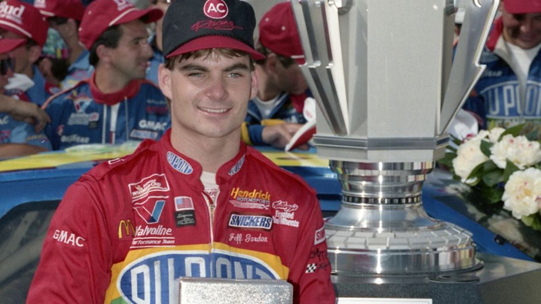 INDIANAPOLIS, IN Â AUGUST 6: Jeff Gordon with his trophies after winning the inaugural Brickyard 400 NASCAR Cup race on August 6, 1994 at the Indianapolis Motor Speedway in Indianapolis, Indiana. (Photo by ISC Images & Archives via Getty Images)