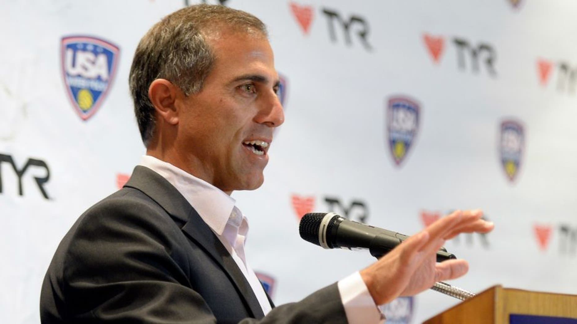LOS ANGELES, CA - JUNE 16: Adam Krikorian, Team USA head coach, speaks during the introduction of 2016 U.S. Olympic Women's Water Polo Team, at LA84 foundation on June 16, 2016 in Los Angeles, California. (Photo by Kevork Djansezian/Getty Images)