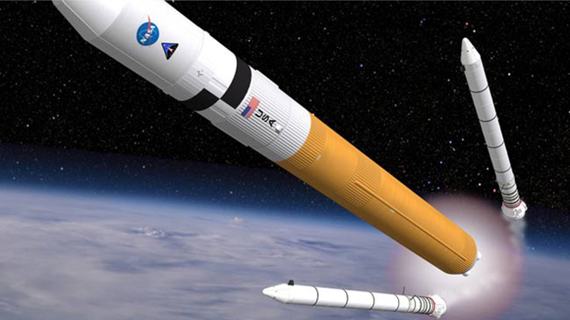 This artist's concept shows the Ares V cargo launch vehicle, a rocket that may be similar to NASA's Space Launch System (SLS) in many ways.