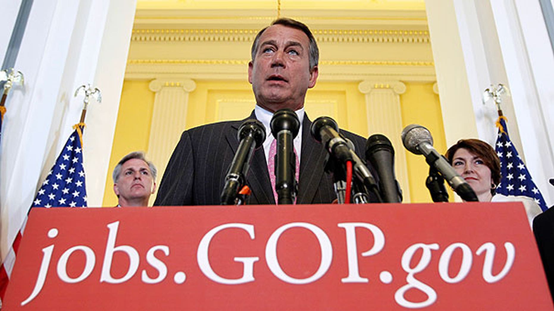 In this June 14, 2011, file photo House Speaker John Boehner with Majority Whip Kevin McCarthy, R-Calif., left, and Rep. Cathy McMorris Rodgers, R-Wash., talks about job creation following a political strategy session on Capitol Hill in Washington.