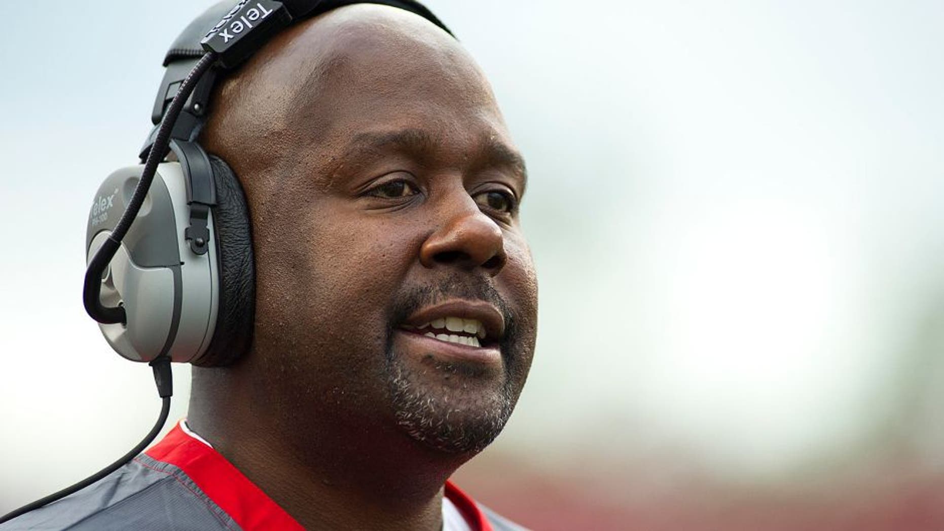 Sep 10, 2011; Little Rock, AR, USA; New Mexico Lobos coach Mike Locksley calls a play during the first half of a game against the Arkansas Razorbacks at War Memorial Stadium. Mandatory Credit: Beth Hall-USA TODAY Sports