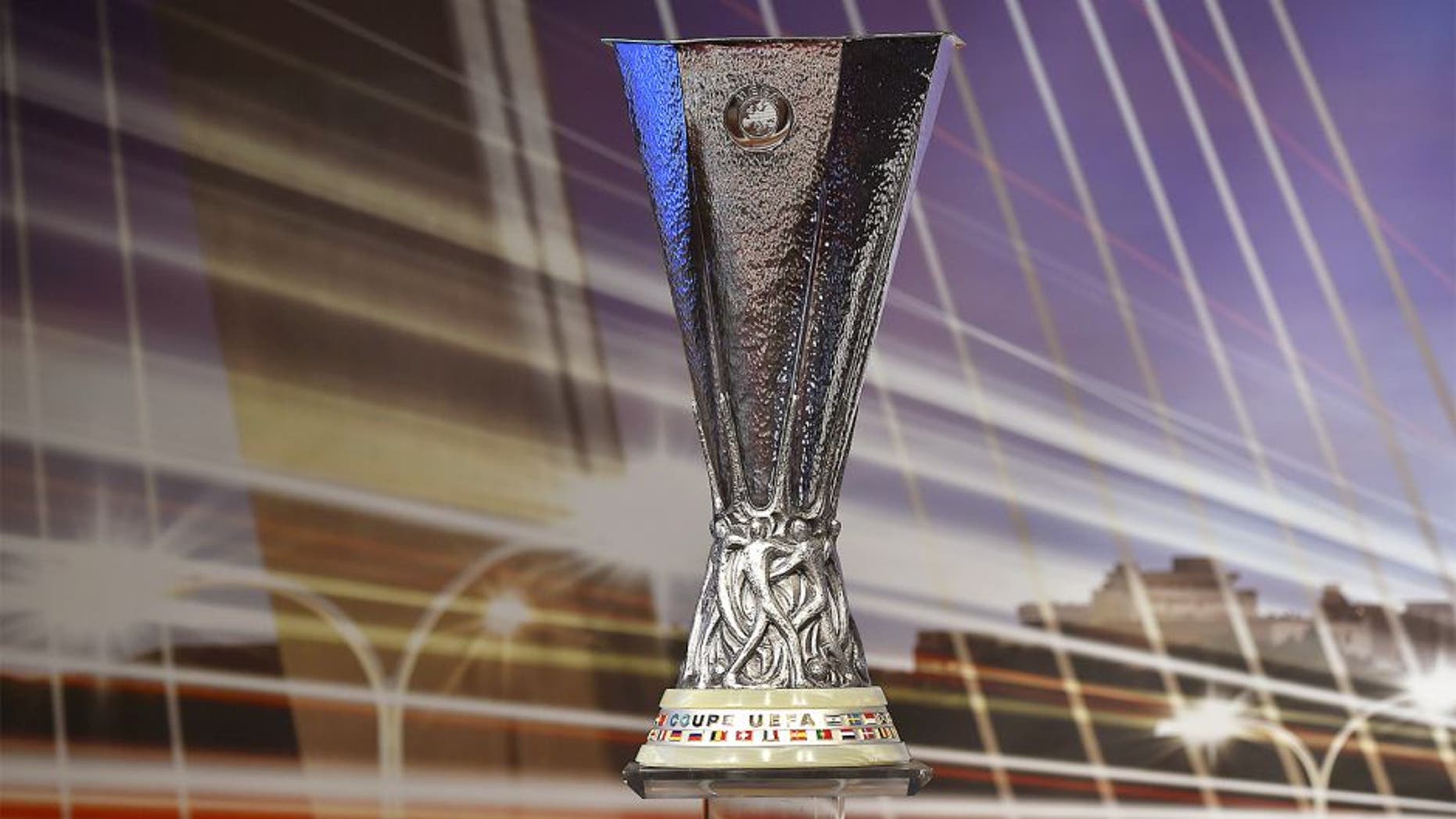 The UEFA Europa League trophy is displayed ahead of the draw for the UEFA Europa League quarter-final football matches at the UEFA headquarters in Nyon on March 20, 2015. AFP PHOTO / FABRICE COFFRINI (Photo credit should read FABRICE COFFRINI/AFP/Getty Images)