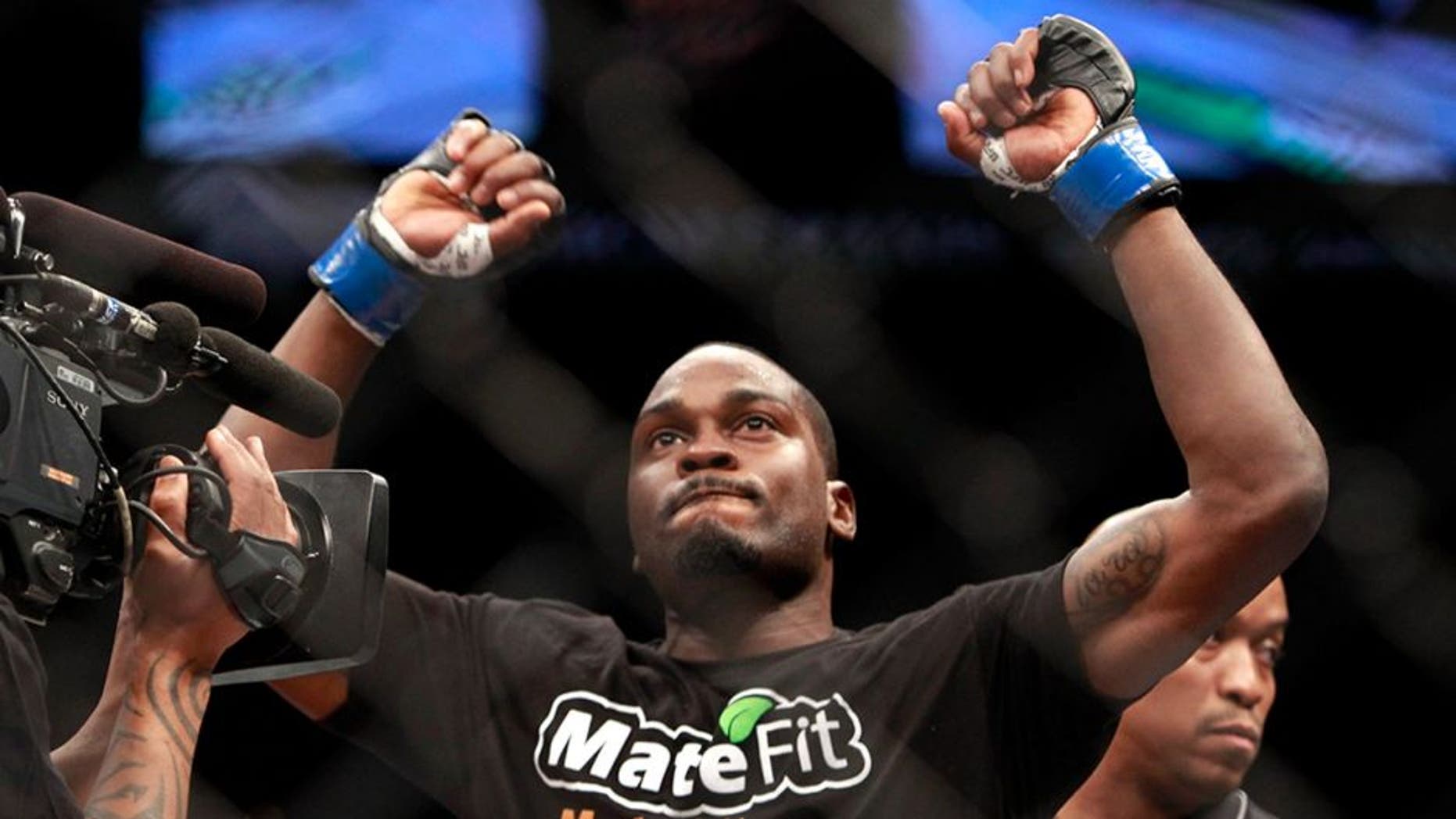 LAS VEGAS, NV - JANUARY 31: Derek Brunson celebrates his firt-round TKO victory over Ed Herman after a middleweight bout during UFC 183 at the MGM Grand Garden Arena on January 31, 2015 in Las Vegas, Nevada. (Photo by Steve Marcus/Getty Images)