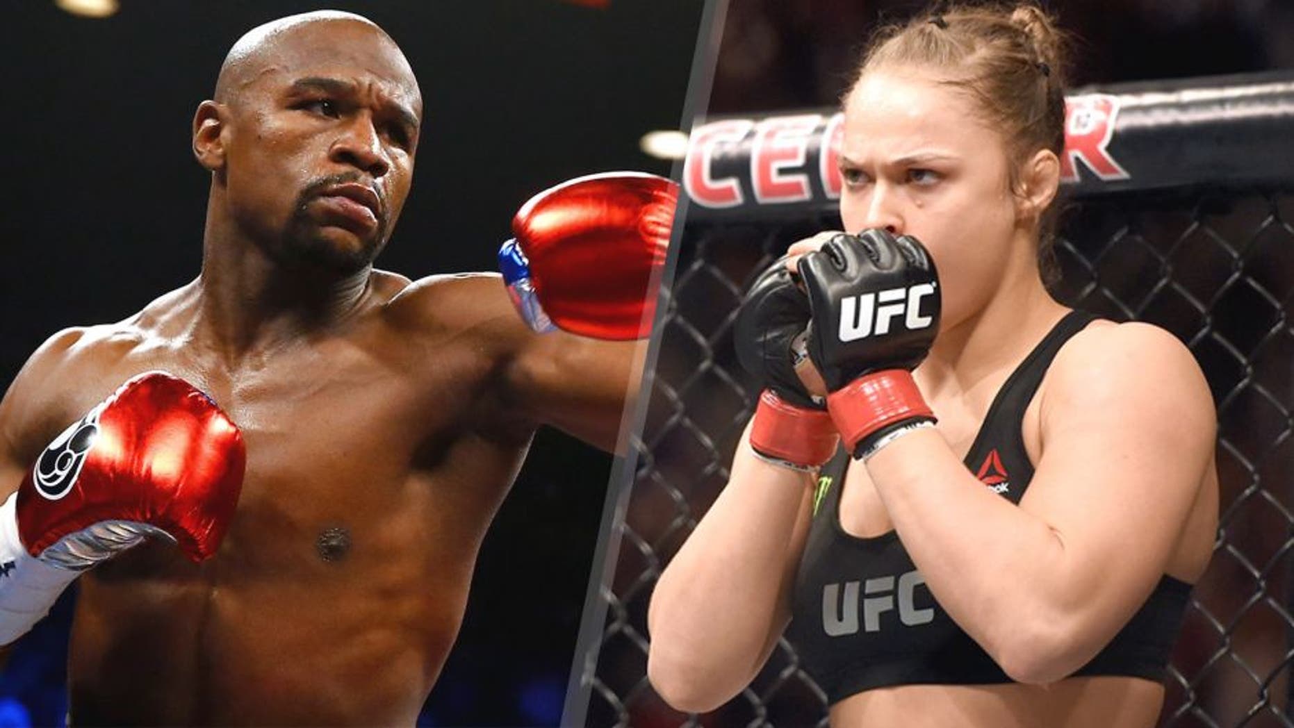 L - LAS VEGAS, NV - MAY 02: Floyd Mayweather Jr. throws a left at Manny Pacquiao during their welterweight unification championship bout on May 2, 2015 at MGM Grand Garden Arena in Las Vegas, Nevada. (Photo by Al Bello/Getty Images) R - LOS ANGELES, CA - FEBRUARY 28: Ronda Rousey enters the Octagon in her UFC women's bantamweight championship bout against Cat Zingano during the UFC 184 event at Staples Center on February 28, 2015 in Los Angeles, California. (Photo by Harry How/Getty Images)