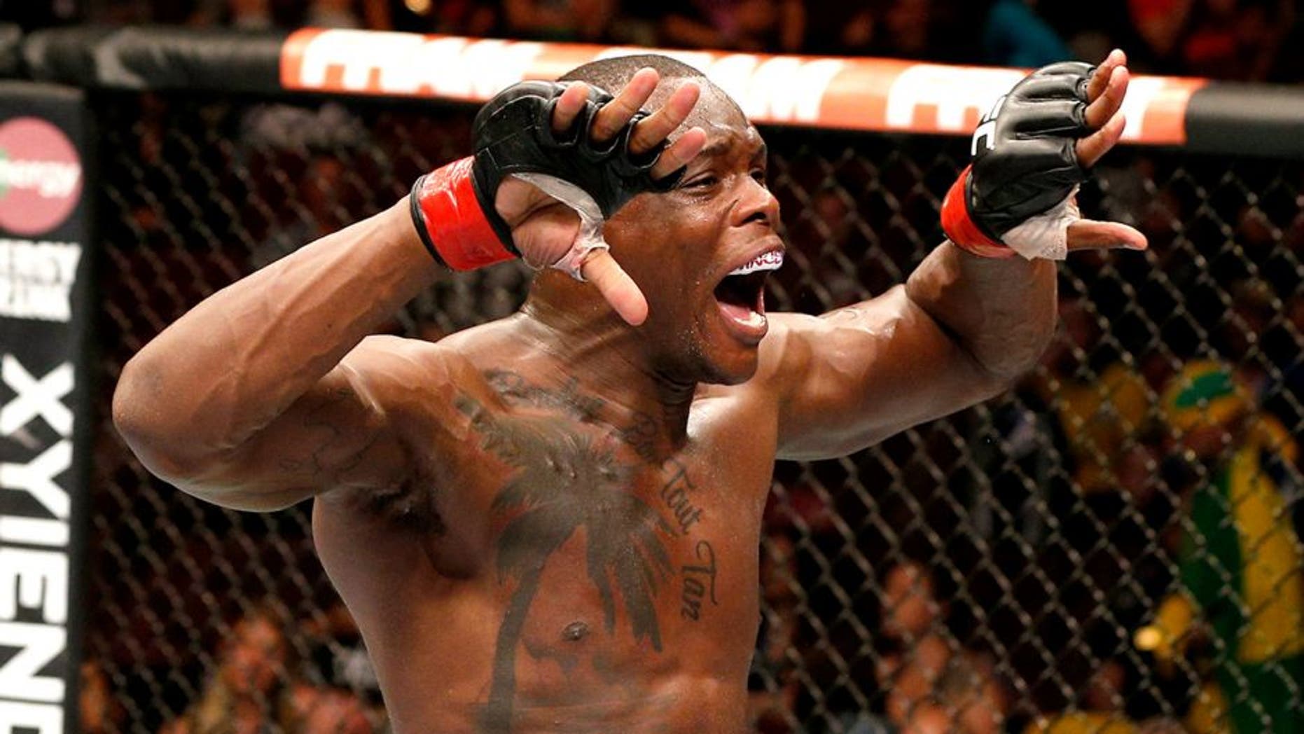 VANCOUVER, BC - JUNE 14: Ovince Saint Preux reacts after his submission victory over Ryan Jimmo in their light heavyweight bout at Rogers Arena on June 14, 2014 in Vancouver, Canada. (Photo by Josh Hedges/Zuffa LLC/Zuffa LLC via Getty Images)
