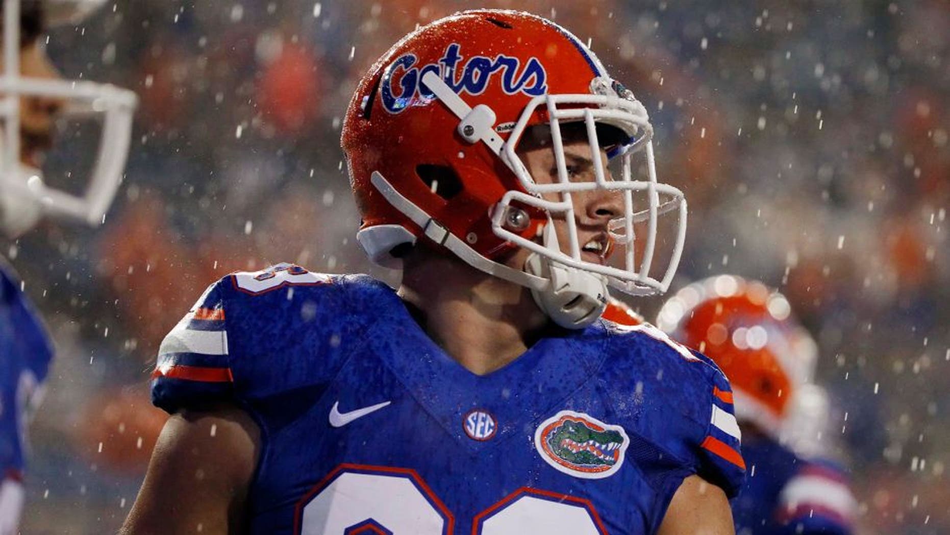 Aug 30, 2014; Gainesville, FL, USA; Florida Gators tight end Jake McGee (83) warms up before the game against the Idaho Vandals at Ben Hill Griffin Stadium. Mandatory Credit: Kim Klement-USA TODAY Sports