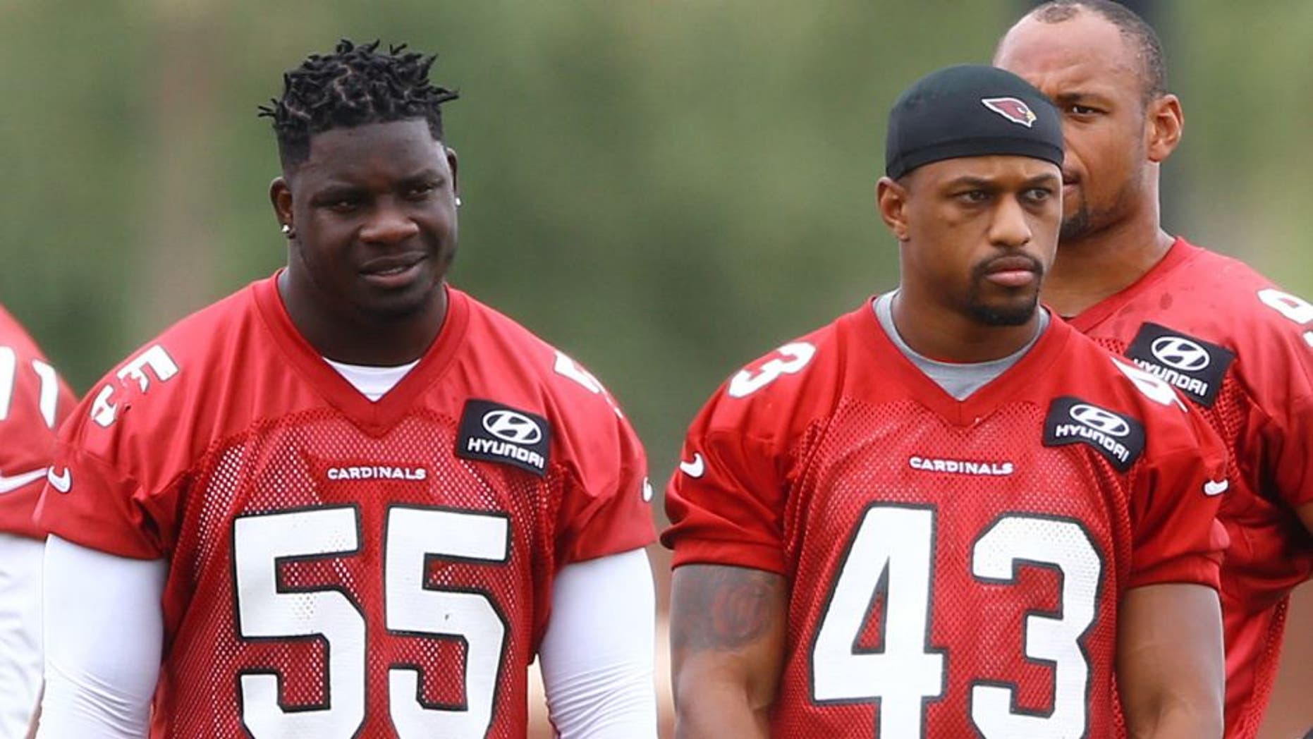 Jun 9, 2015; Tempe, AZ, USA; Arizona Cardinals linebacker Sean Weatherspoon (55) and safety D.J. Campbell (43) during minicamp practice at the Cardinals Training Facility. Mandatory Credit: Mark J. Rebilas-USA TODAY Sports