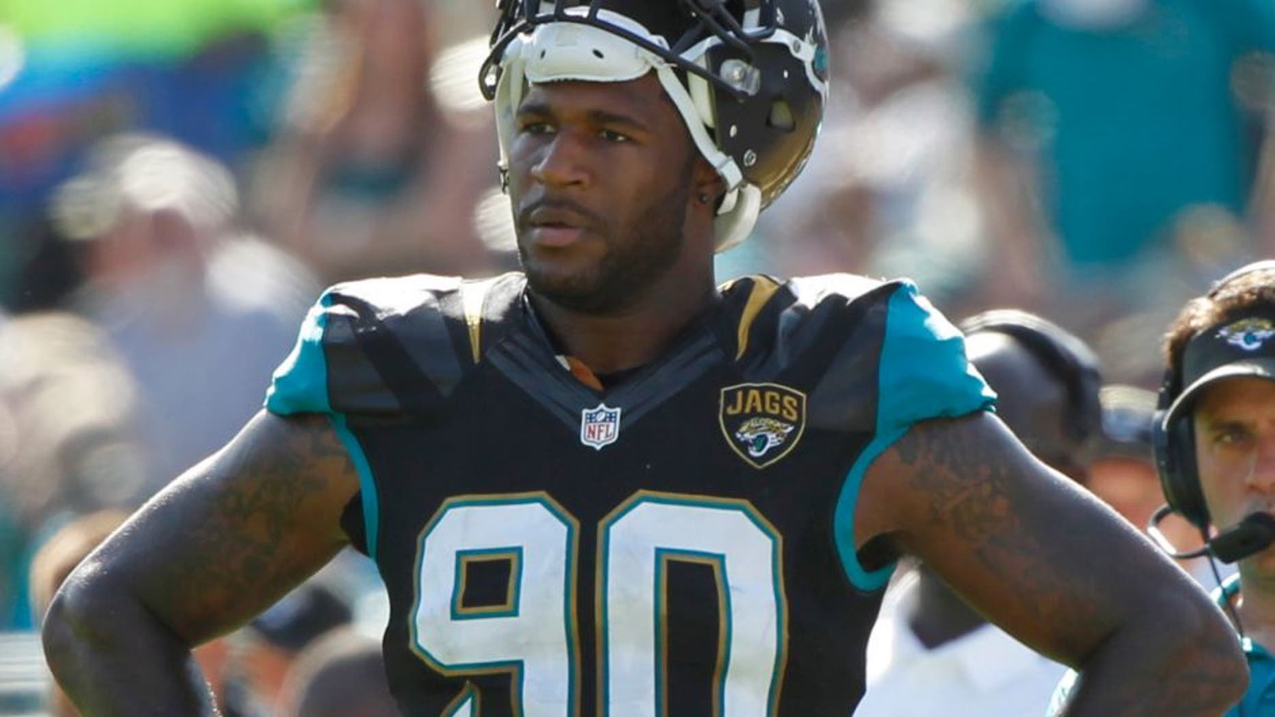 Dec 22, 2013; Jacksonville, FL, USA; Jacksonville Jaguars defensive end Andre Branch (90) during the first half against the Tennessee Titans at EverBank Field. Mandatory Credit: Kim Klement-USA TODAY Sports