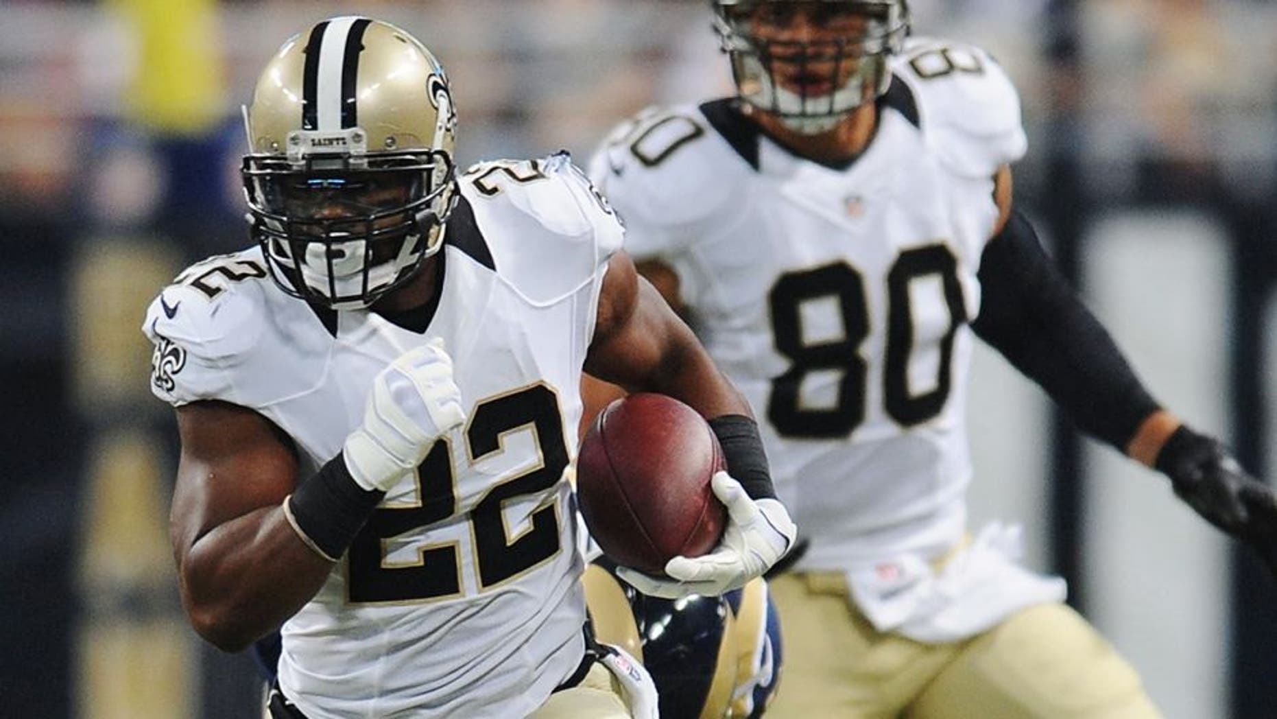 ST. LOUIS, MO - AUGUST 8: Mark Ingram #22 of the New Orleans Saints rushes against the St. Louis Rams in the first quarter in a preseason game at the Edward Jones Dome on August 8, 2014 in St. Louis, Missouri. (Photo by Michael B. Thomas/Getty Images)