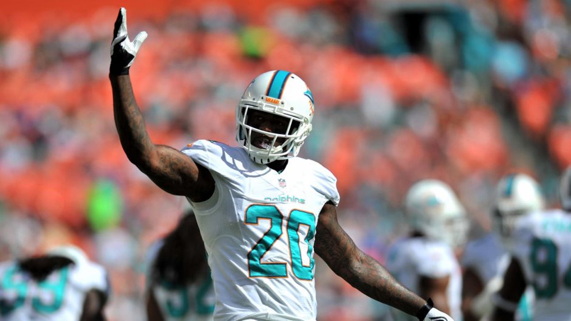 Nov 24, 2013; Miami Gardens, FL, USA; Miami Dolphins free safety Reshad Jones (20) reacts during a game against the Carolina Panthers at Sun Life Stadium. The Panthers won 20-16. Mandatory Credit: Steve Mitchell-USA TODAY Sports