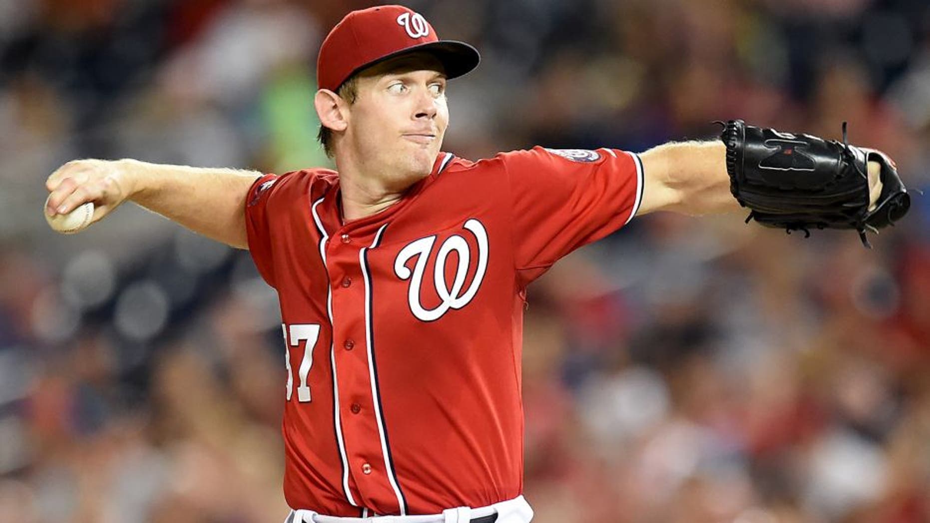 WASHINGTON, DC - AUGUST 08: Stephen Strasburg #37 of the Washington Nationals pitches in the seventh inning during a baseball game against the Colorado Rockies at Nationals Park on August 8, 2015 in Washington, DC. The Nationals won 6-1. (Photo by Mitchell Layton/Getty Images)