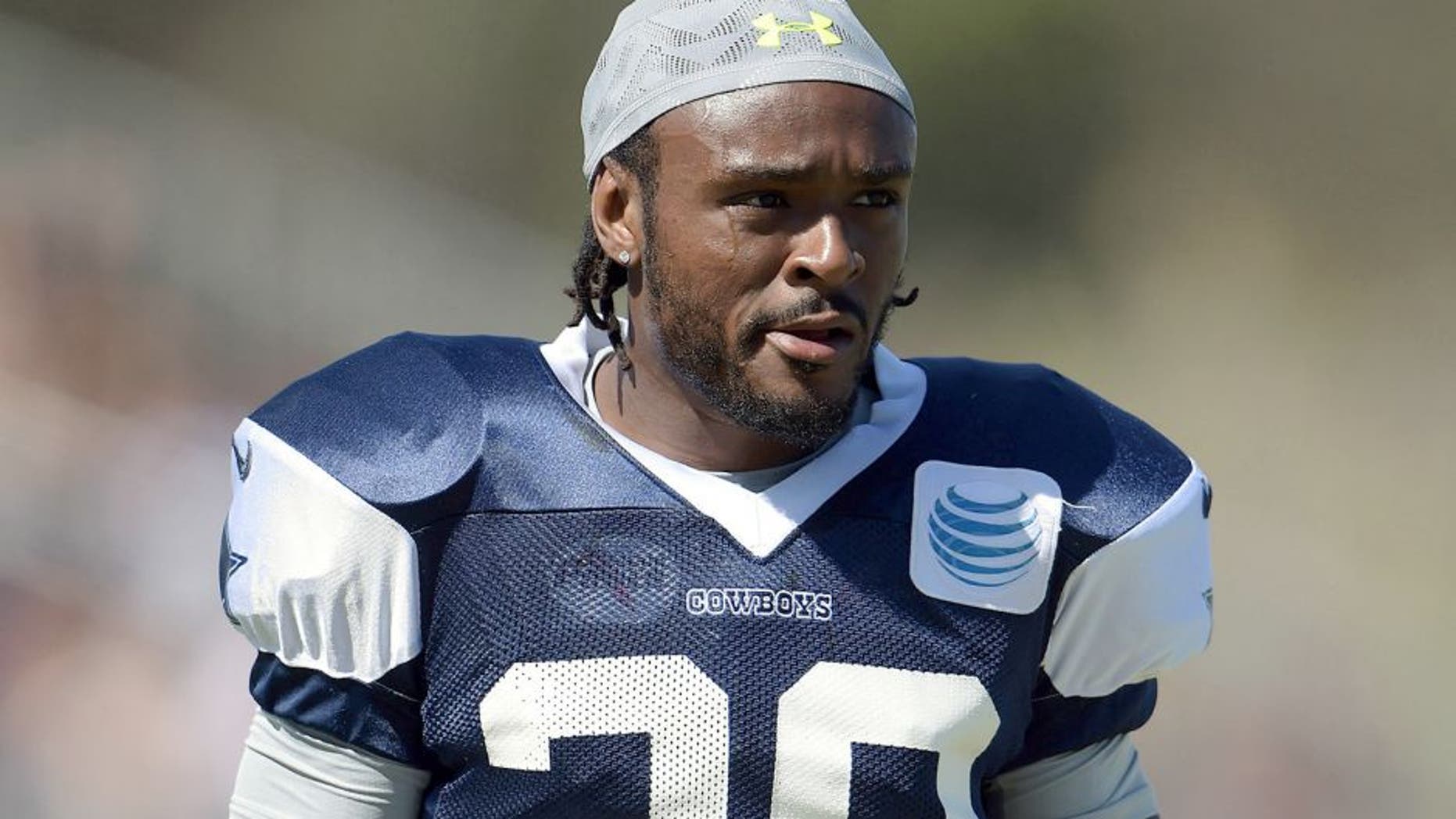 Aug 1, 2015; Oxnard, CA, USA; Dallas Cowboys cornerback Brandon Carr (39) at training camp at River Ridge Fields. Mandatory Credit: Kirby Lee-USA TODAY Sports