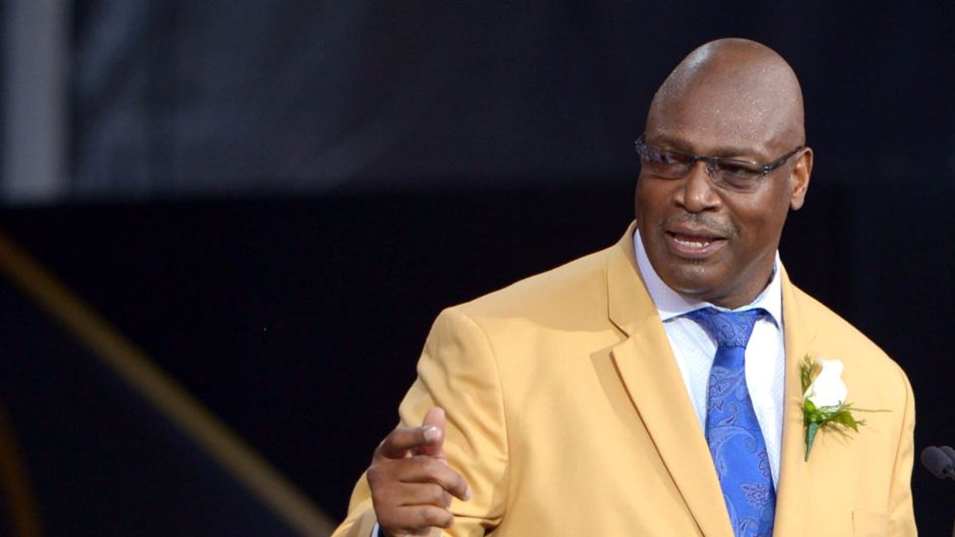 Aug 8, 2015; Canton, OH, USA; Charles Haley speaks during the 2015 Pro Football Hall of Fame enshrinement at Tom Benson Hall of Fame Stadium. Mandatory Credit: Kirby Lee-USA TODAY Sports