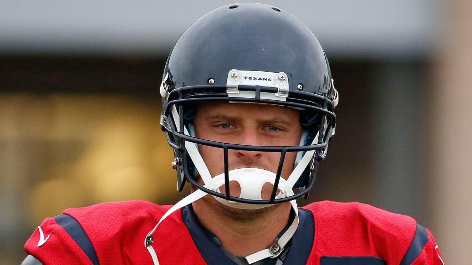 Aug 7, 2015; Richmond, VA, USA; Houston Texans quarterback Ryan Mallett (15) looks on prior to joint practice with the Washington Redskins as part of day eight of training camp at Bon Secours Washington Redskins Training Center. Mandatory Credit: Amber Searls-USA TODAY Sports