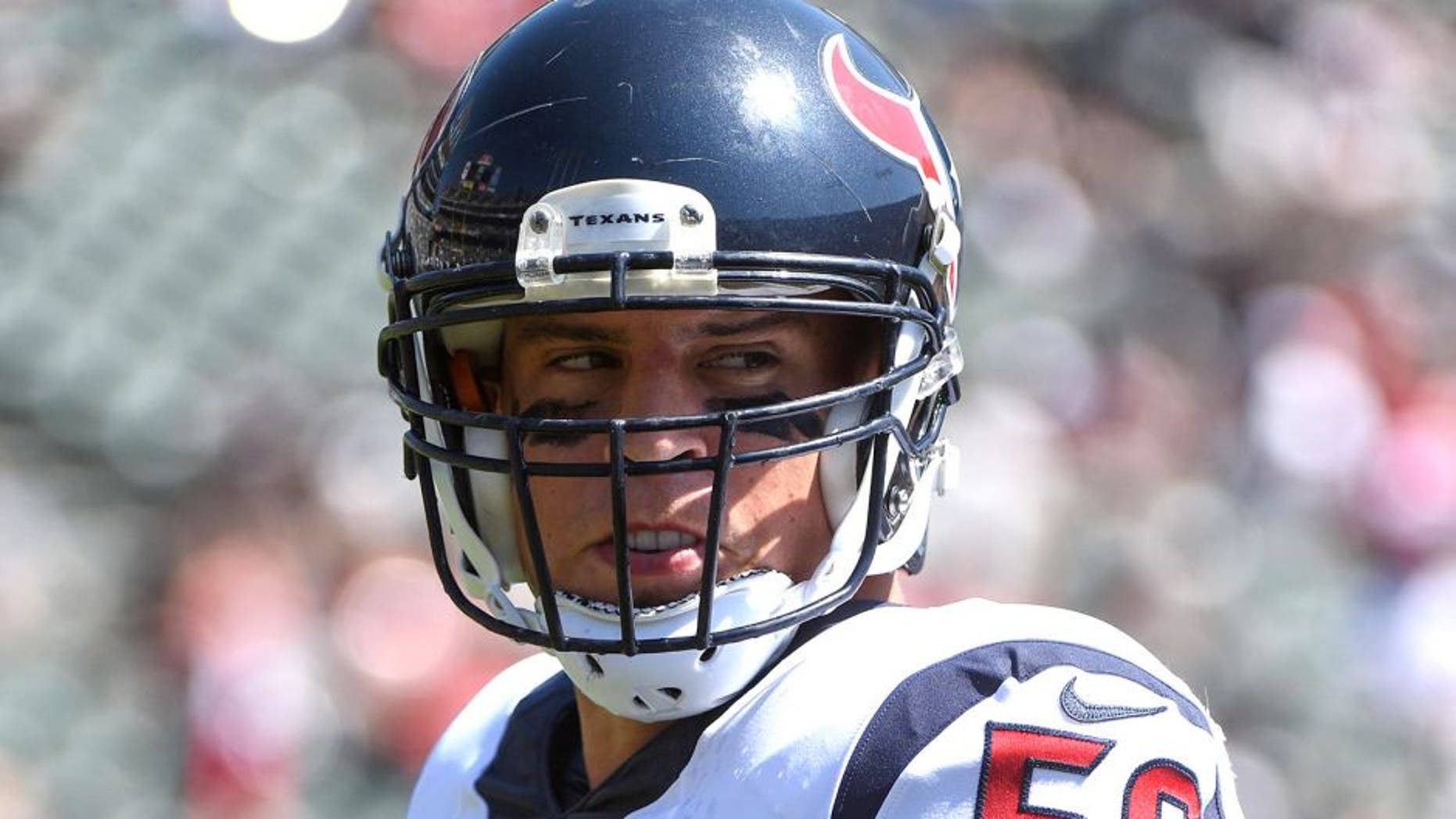 September 14, 2014; Oakland, CA, USA; Houston Texans inside linebacker Brian Cushing (56) before the game against the Oakland Raiders at O.co Coliseum. The Texans defeated the Raiders 30-14. Mandatory Credit: Kyle Terada-USA TODAY Sports