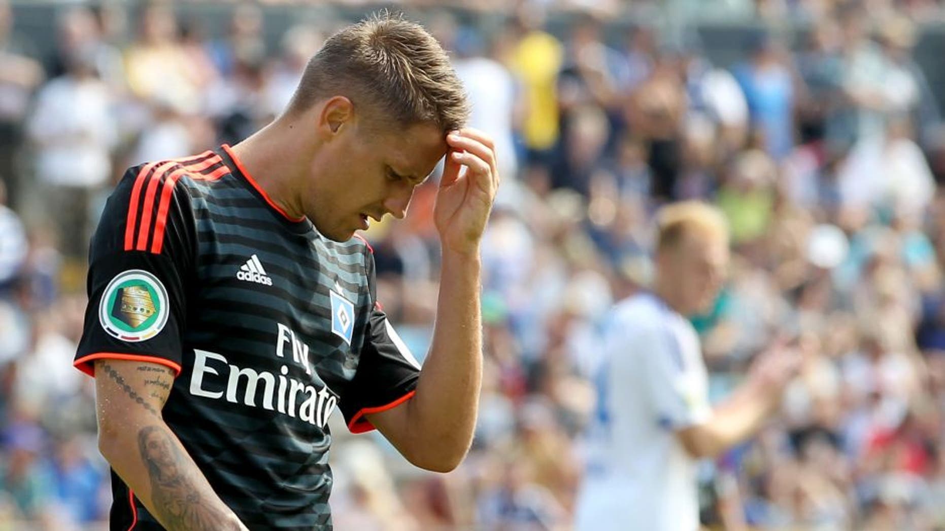 JENA, GERMANY - AUGUST 09: Ivo Ilicevic of Hamburger SV looks dejected after a goal chance during the First Round of DFB-Cup between FC Carl Zeiss Jena and Hamburger SV at Ernst-Abbe-Sportfeld on August 09, 2015 in Jena, Germany. (Photo by Karina Hessland/Bongarts/Getty Images)