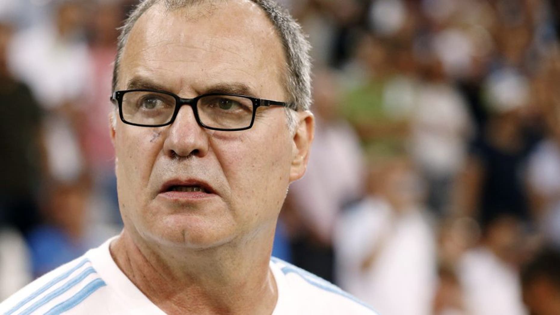 MARSEILLE, FRANCE - AUGUST 8: Coach of OM Marcelo Bielsa looks on during the French Ligue 1 match between Olympique de Marseille (OM) and SM Caen at Stade Velodrome on August 8, 2015 in Marseille, France. (Photo by Jean Catuffe/Getty Images)