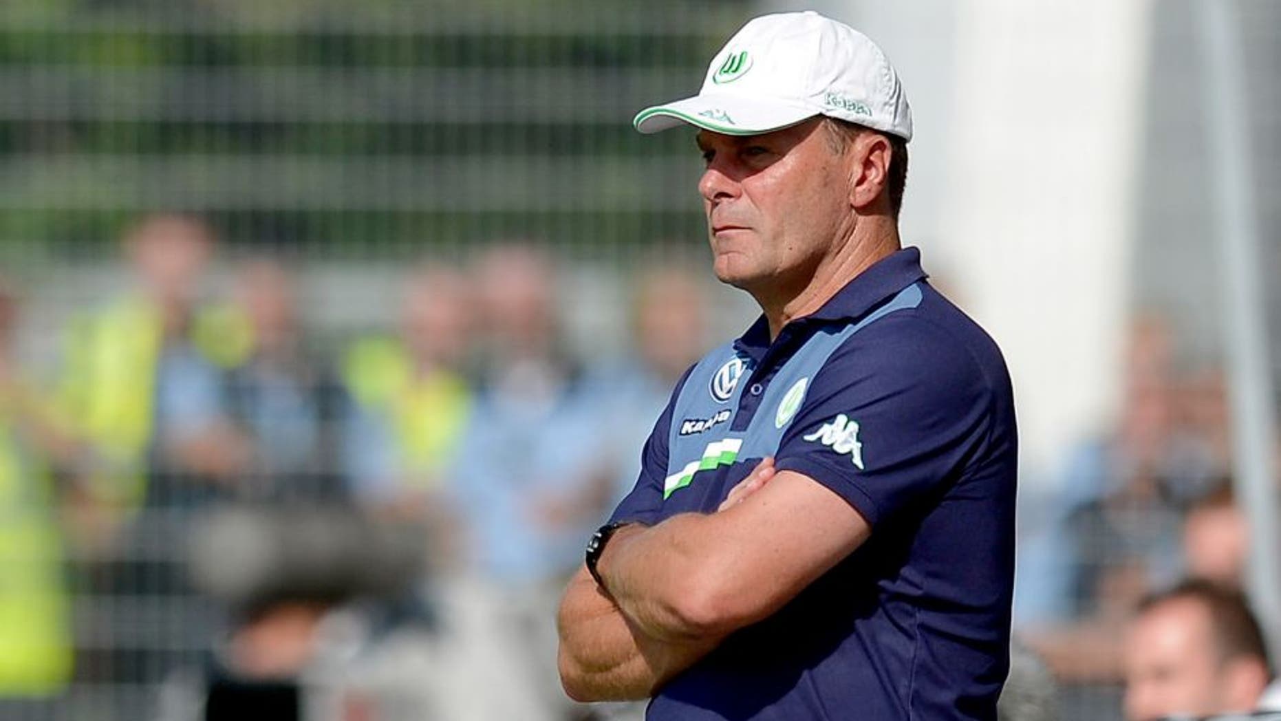 STUTTGART, GERMANY - AUGUST 09: Coach Dieter Hecking of Wolfsburg reacts during the DFB Cup First Round match between Stuttgarter Kickers and VfL Wolfsburg at GAZI-Stadion on August 9, 2015 in Stuttgart, Germany. (Photo by Daniel Kopatsch/Bongarts/Getty Images)