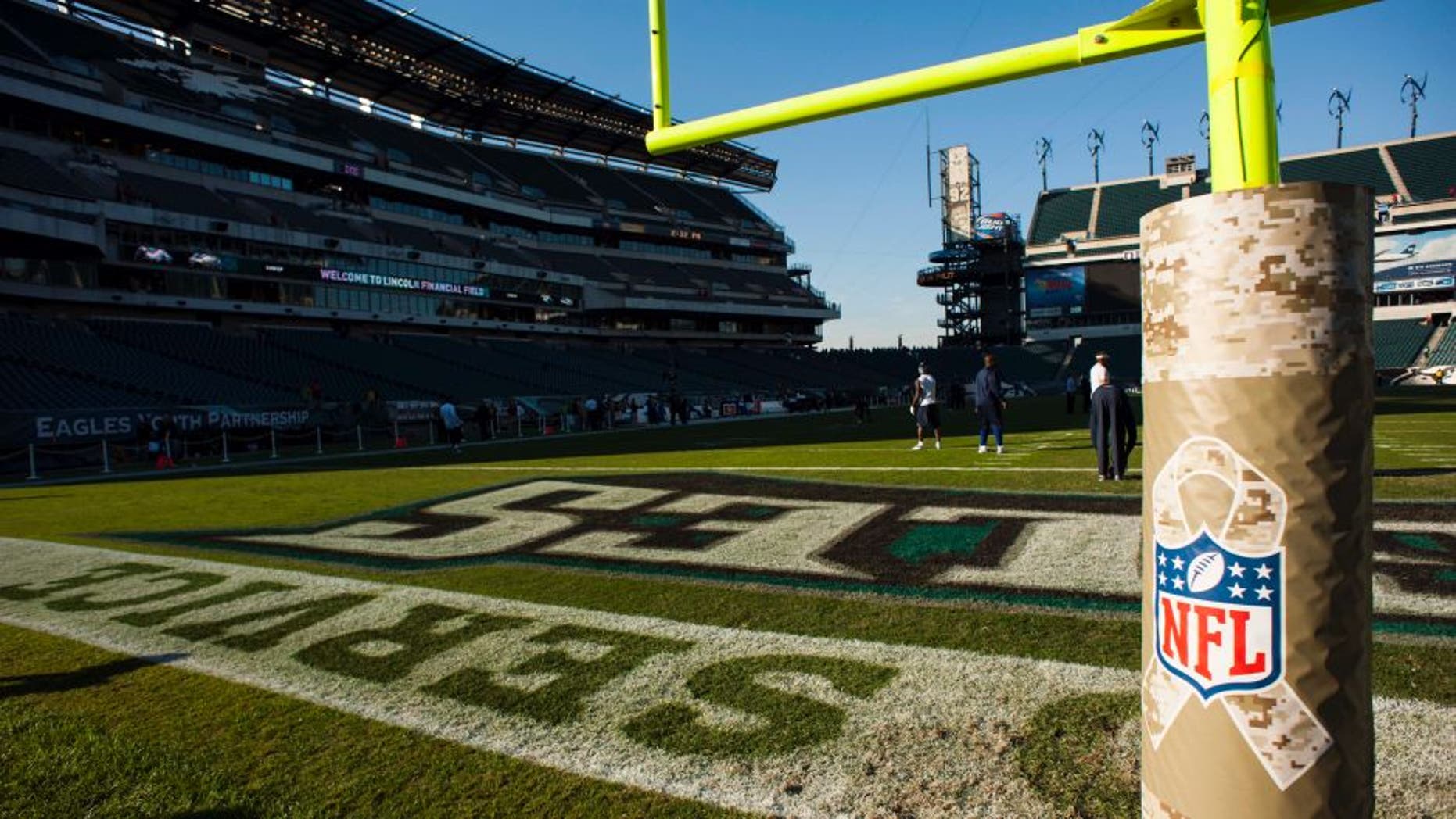 Nov 11, 2012; Philadelphia, PA, USA; The NFL salute to service logo on the end zone padding prior to the game between the Philadelphia Eagles and the Dallas Cowboys at Lincoln Financial Field. Mandatory Credit: Howard Smith-USA TODAY Sports
