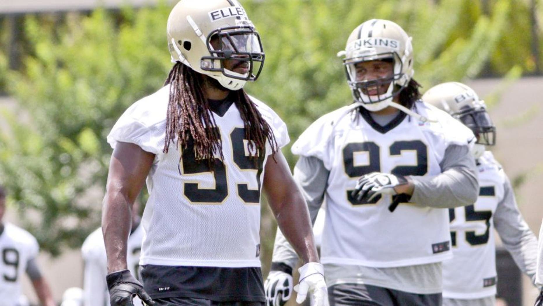 Jun 17, 2015; New Orleans, LA, USA; New Orleans Saints linebacker Dannell Ellerbe (59) and nose tackle John Jenkins (92) during minicamp at the New Orleans Saints Training Facility. Mandatory Credit: Derick E. Hingle-USA TODAY Sports