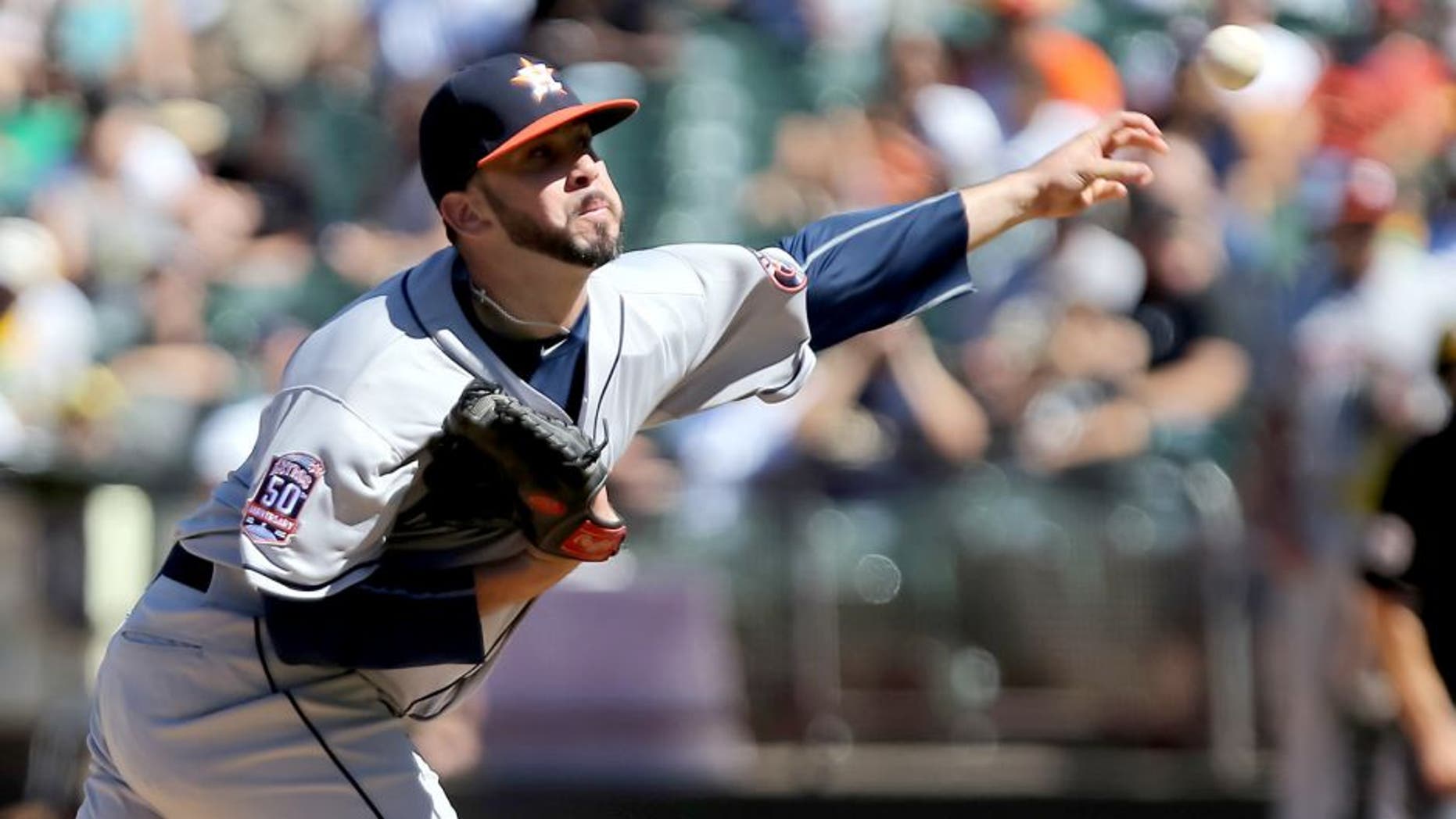 Aug 9, 2015; Oakland, CA, USA; Houston Astros relief pitcher Oliver Perez (38) pitches the ball against the Oakland Athletics during the seventh inning at O.co Coliseum. Mandatory Credit: Kelley L Cox-USA TODAY Sports