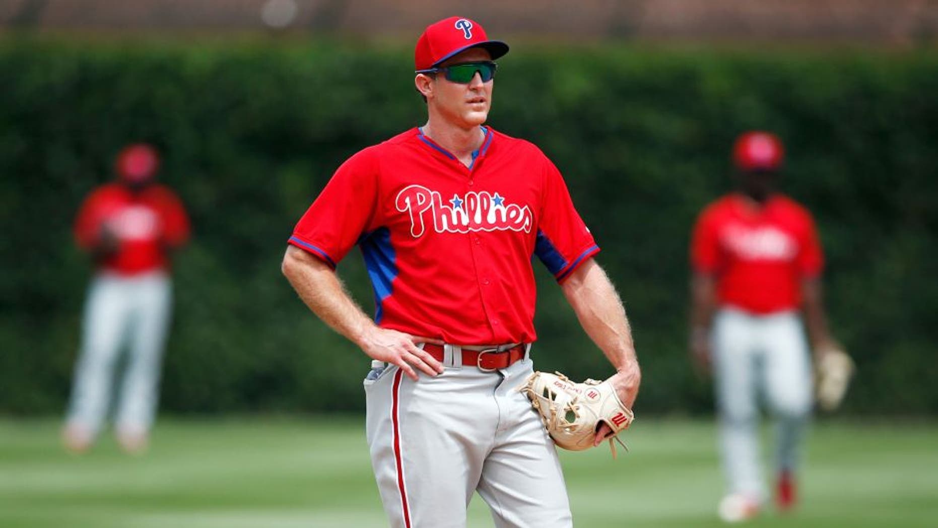 CHICAGO, IL - JULY 24: Chase Utley #26 of the Philadelphia Phillies looks on before the game against the Chicago Cubs at Wrigley Field on July 24, 2015 in Chicago, Illinois. The Phillies defeated the Cubs 5-3. (Photo by Joe Robbins/Getty Images)