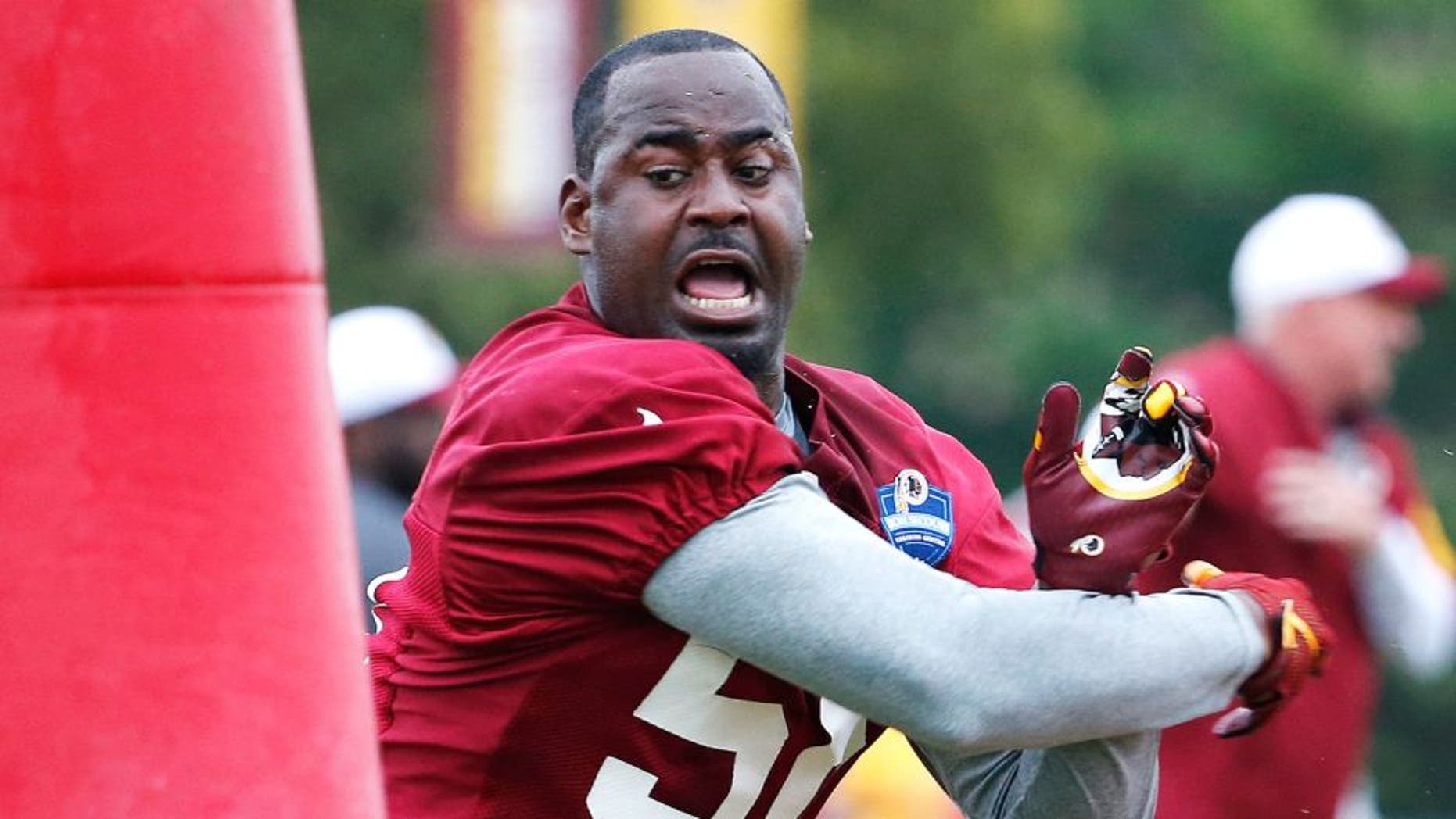 Aug 7, 2015; Richmond, VA, USA; Washington Redskins linebacker Junior Galette (58) participates in drills during joint practice with the Houston Texans as part of day eight of training camp at Bon Secours Washington Redskins Training Center. Mandatory Credit: Amber Searls-USA TODAY Sports