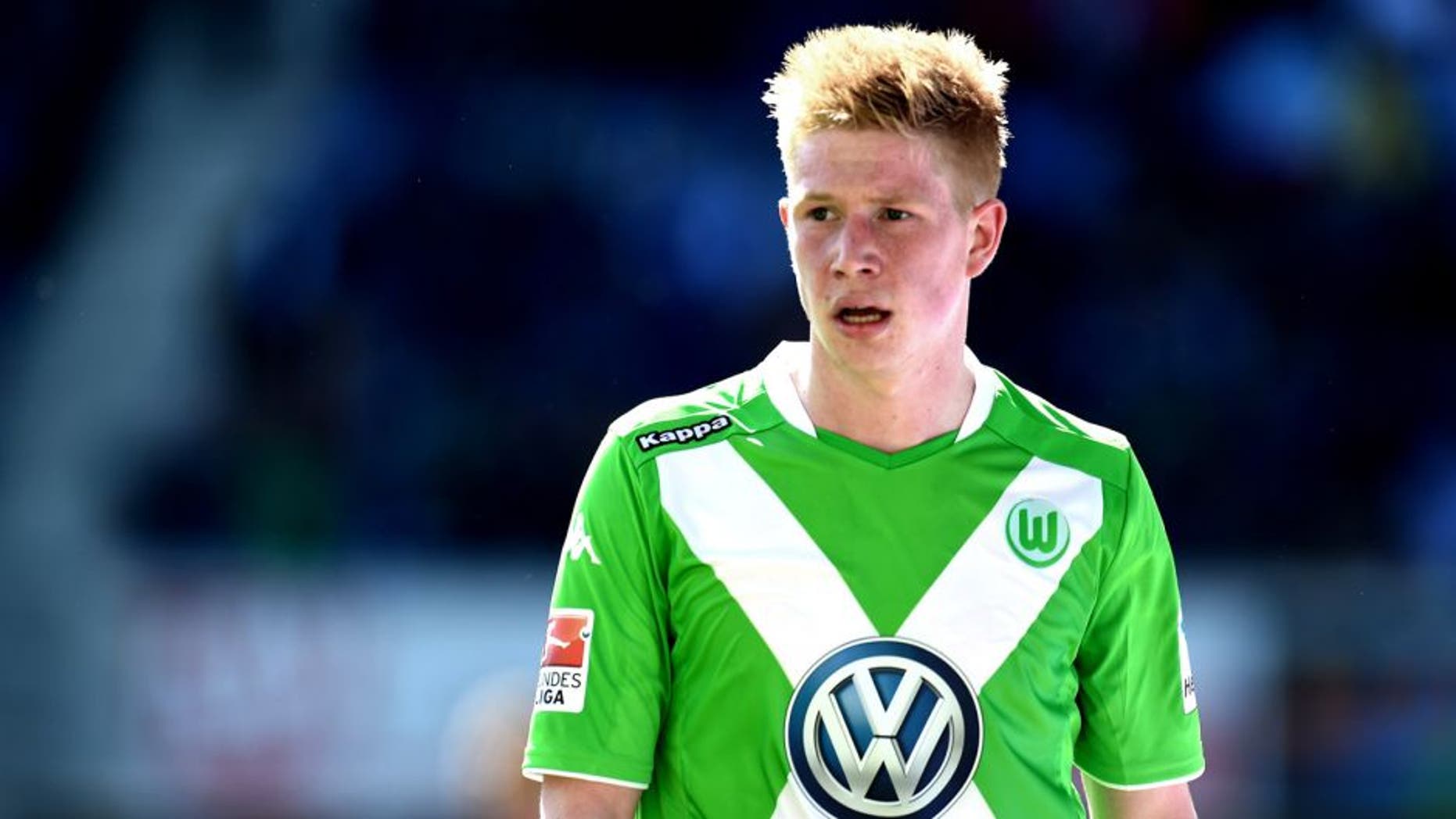 Wolfsburg's Belgian midfielder Kevin De Bruyne reacts during the German first division Bundesliga football match of SC Paderborn 07 vs VfL Wolfsburg in Paderborn, western Germany on May 10, 2015. AFP PHOTO / PATRIK STOLLARZ RESTRICTIONS - DFL RULES TO LIMIT THE ONLINE USAGE DURING MATCH TIME TO 15 PICTURES PER MATCH. IMAGE SEQUENCES TO SIMULATE VIDEO IS NOT ALLOWED AT ANY TIME. FOR FURTHER QUERIES PLEASE CONTACT DFL DIRECTLY AT + 49 69 650050. (Photo credit should read PATRIK STOLLARZ/AFP/Getty Images)